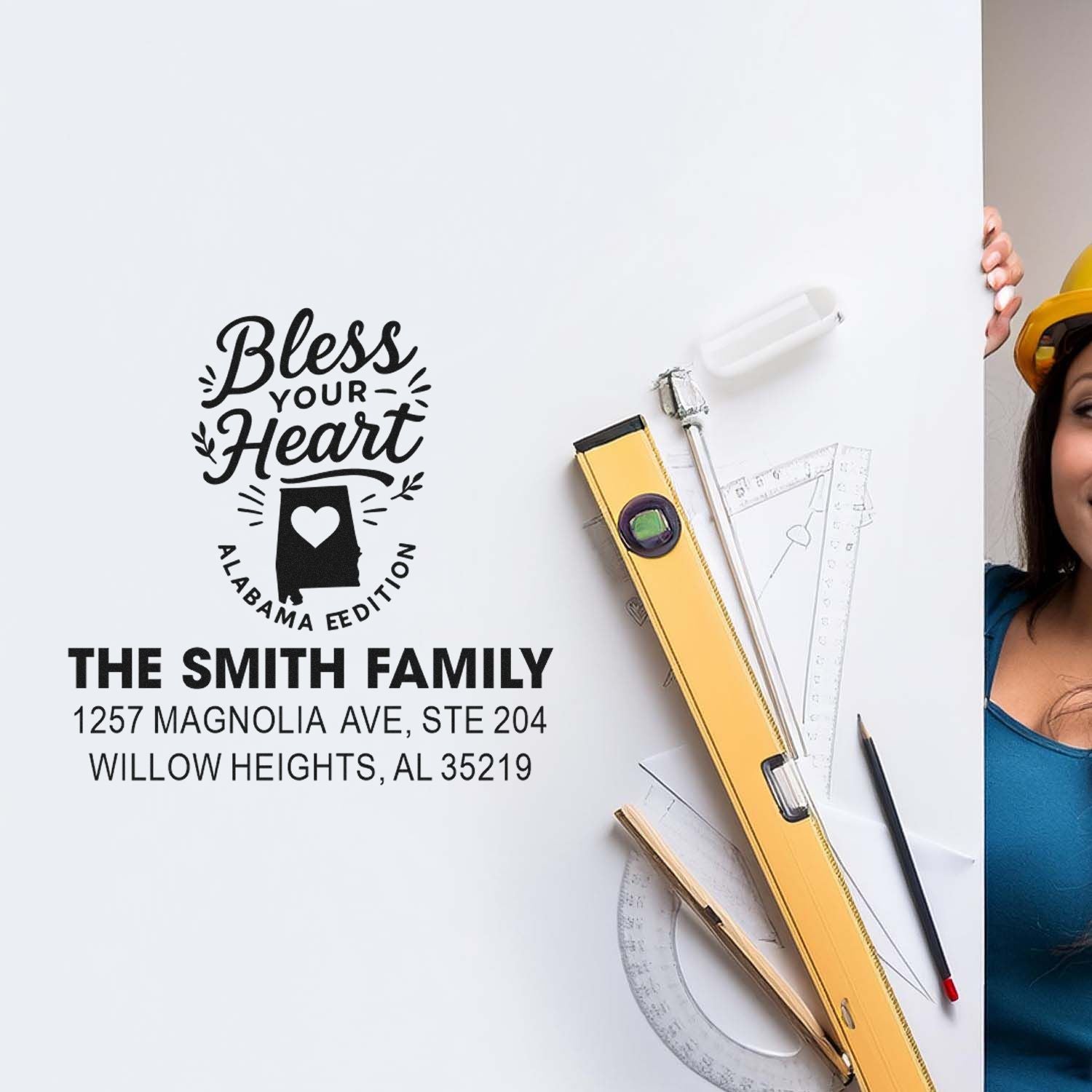 Custom Alabama address rubber stamp with Bless Your Heart design for The Smith Family.