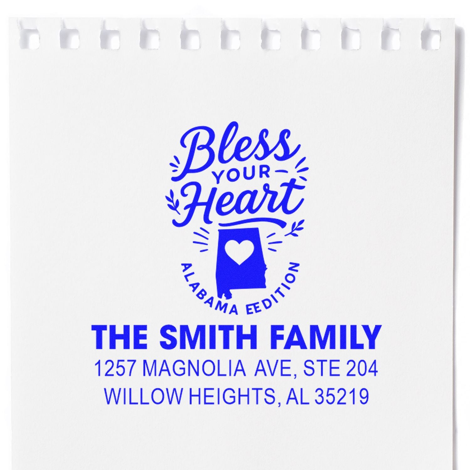 Personalized Alabama return address rubber stamp with Bless Your Heart design for The Smith Family in Willow Heights, AL.