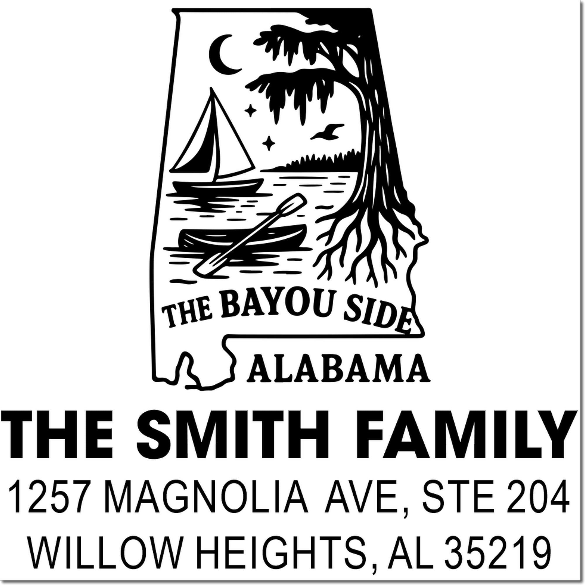 Custom return address rubber stamp for The Smith Family, Willow Heights, AL, featuring an Alabama bayou design.