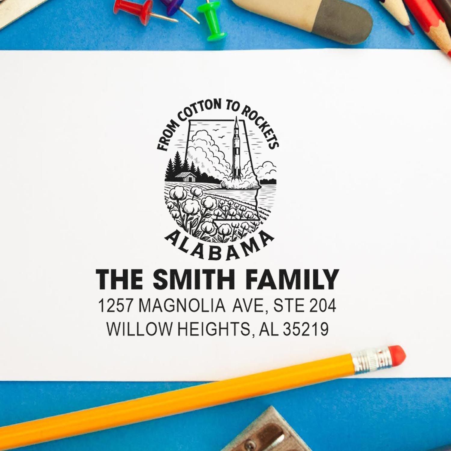 Custom Alabama return address rubber stamp with From Cotton to Rockets design for The Smith Family.