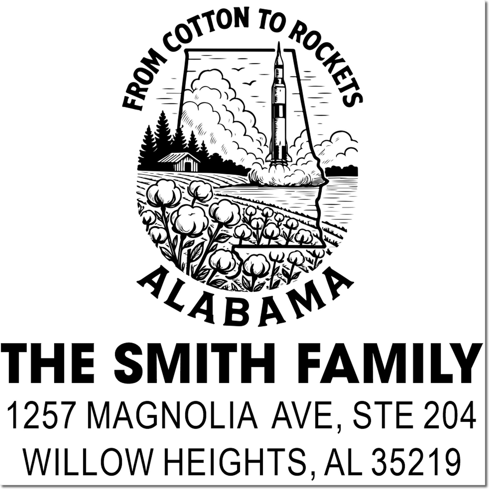 Personalized Alabama return address rubber stamp with cotton-to-rockets state design for The Smith family