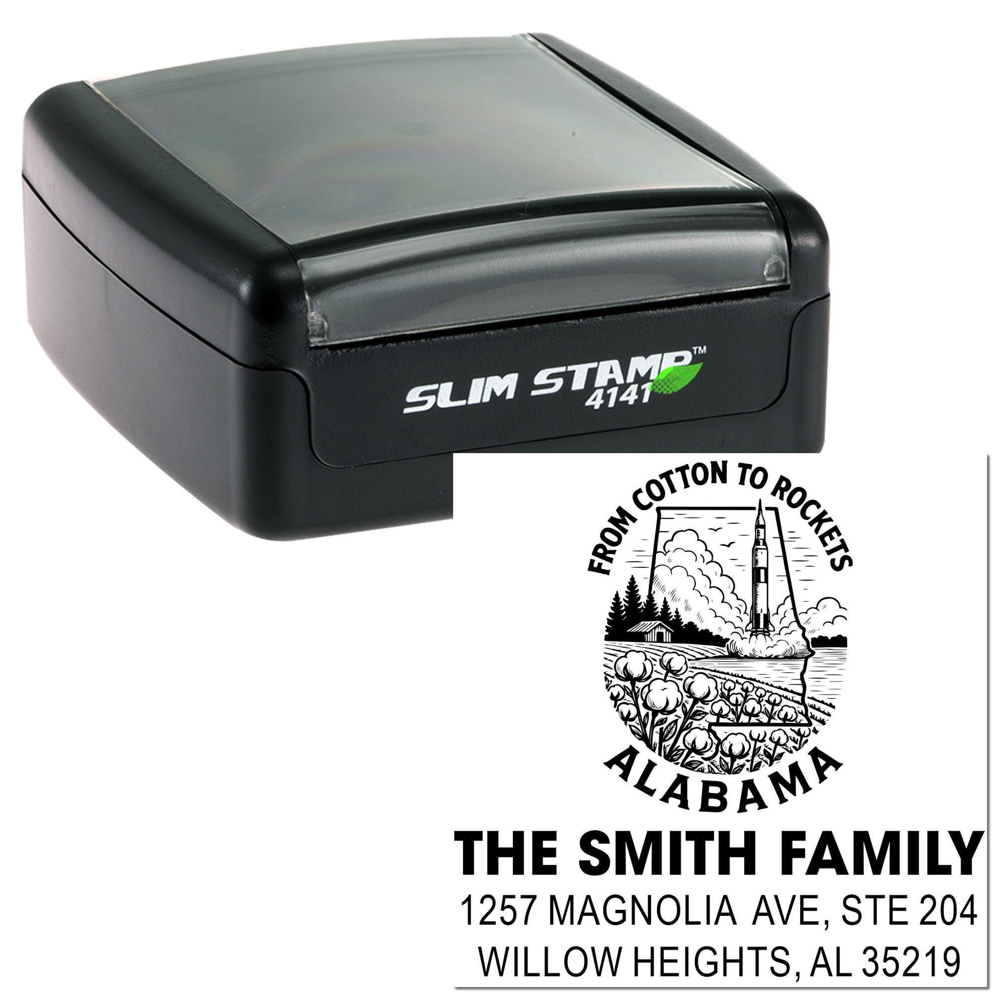 Slim Stamp 4141 self-inking rubber stamp with custom return address design for The Smith Family, Alabama.