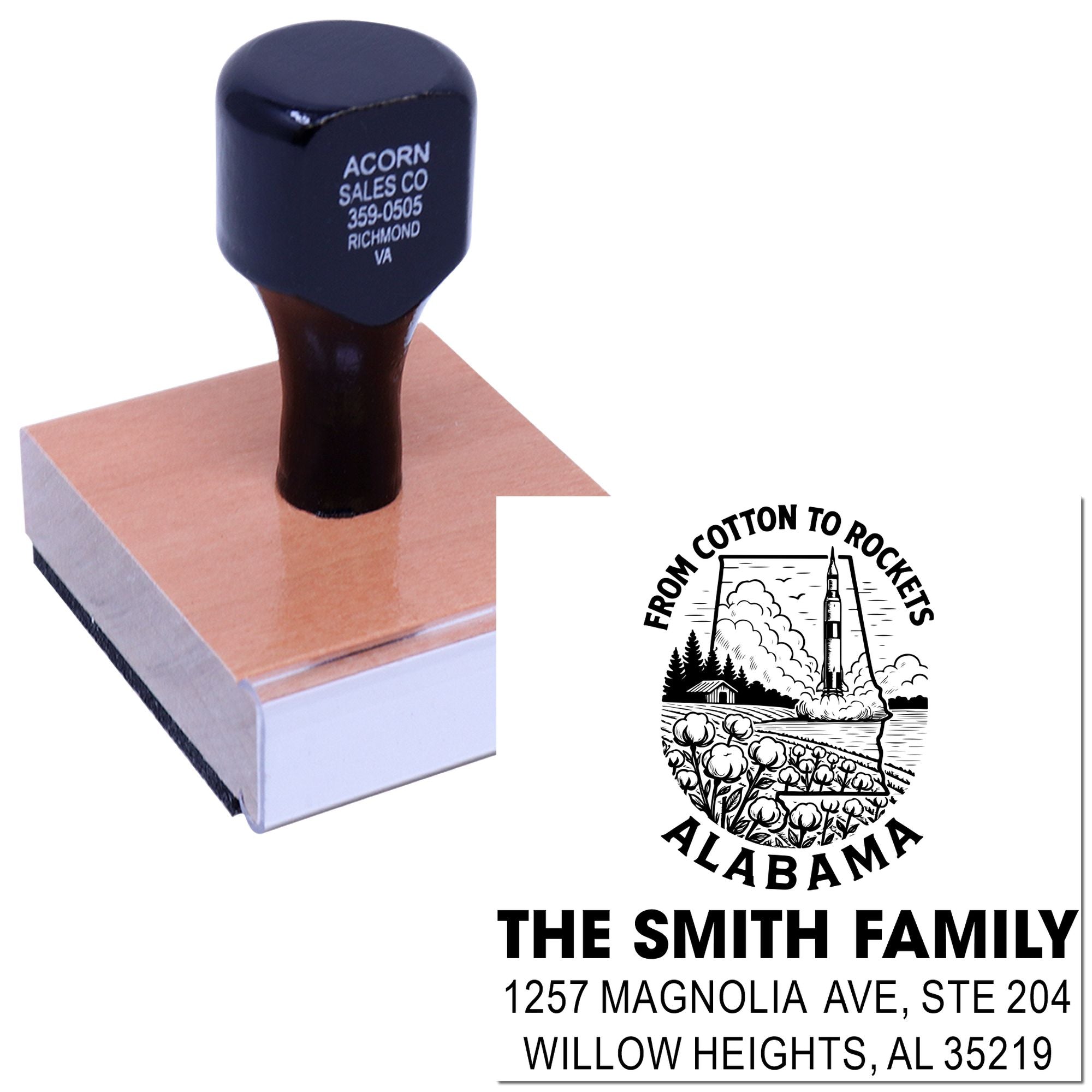 Custom rubber address stamp for The Smith Family with Alabama cotton-to-rockets logo, ideal for personalized mailings and branding.
