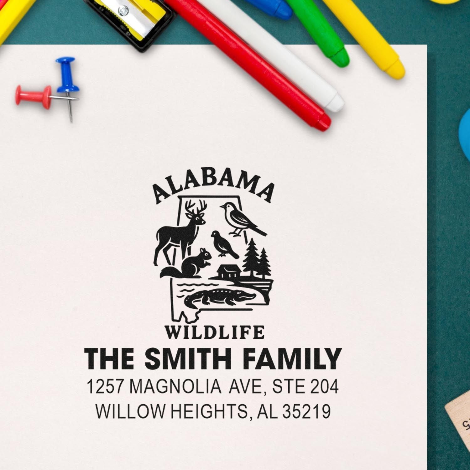 Custom Alabama wildlife address rubber stamp for The Smith Family with deer, birds, alligator, and return address.