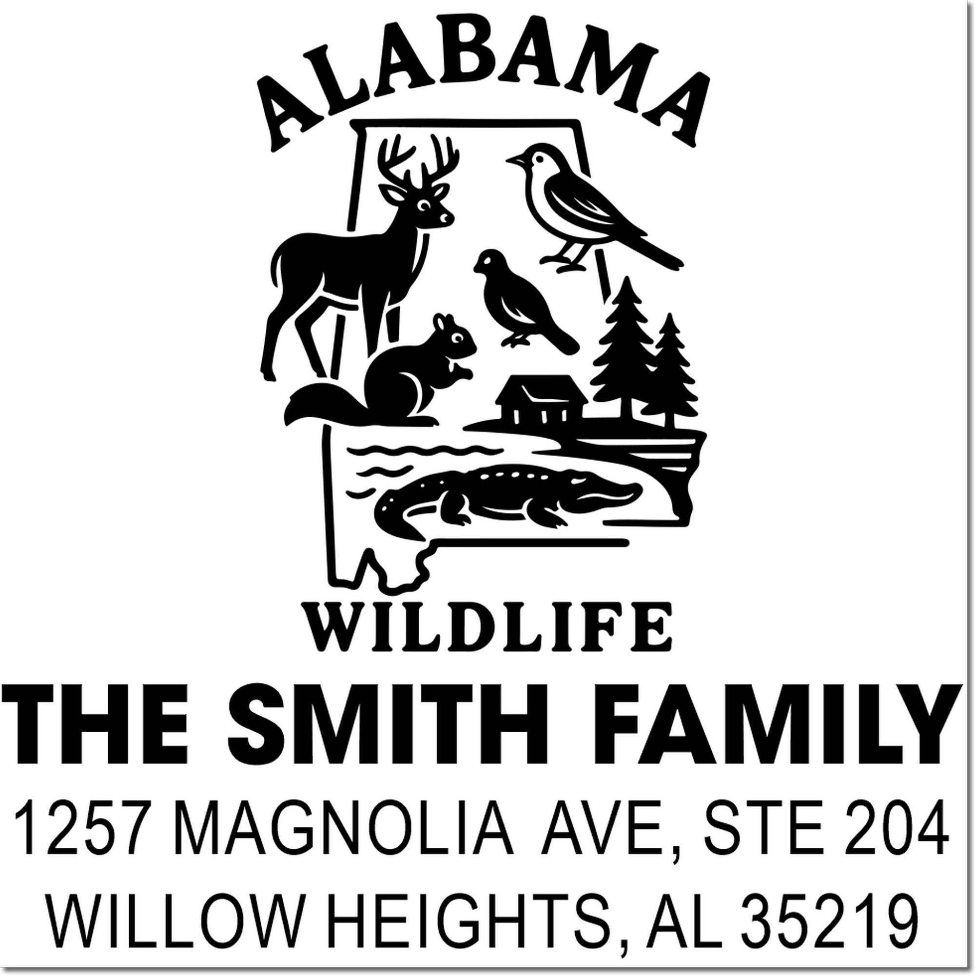 Custom Alabama wildlife return address rubber stamp with deer, birds, squirrel, cabin and alligator design