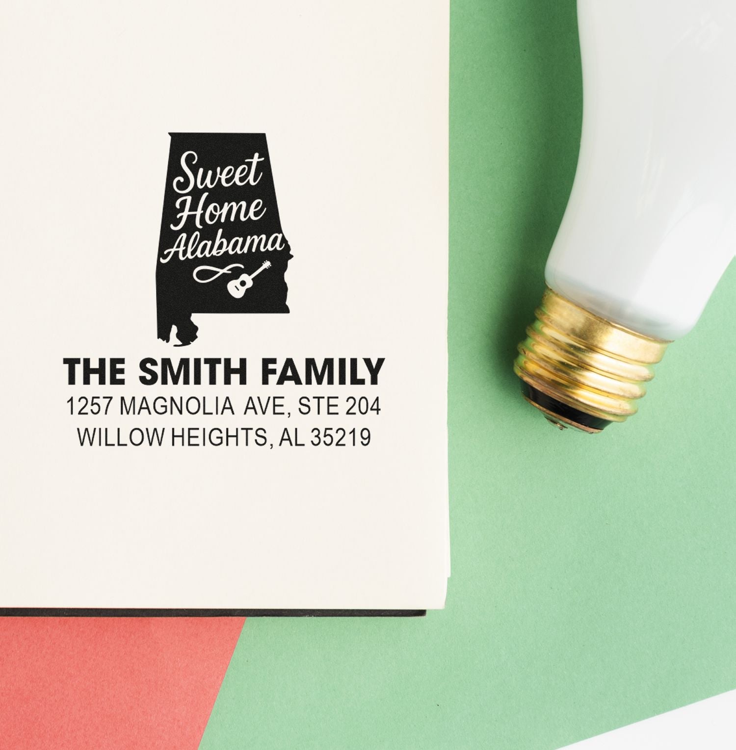 Custom rubber return address stamp with Sweet Home Alabama design for The Smith Family and their Alabama home address.