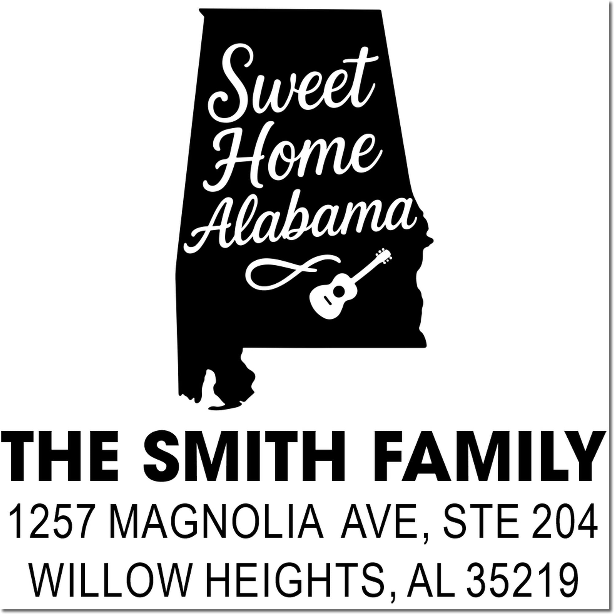 Custom Alabama rubber address stamp with Sweet Home Alabama design, guitar, and The Smith Family mailing details.