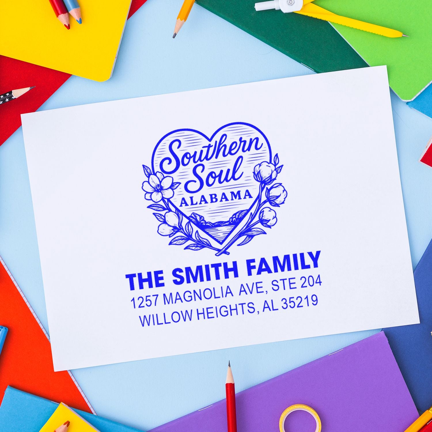 Custom Southern Soul Alabama family address rubber stamp sample for The Smith Family in Willow Heights, AL.