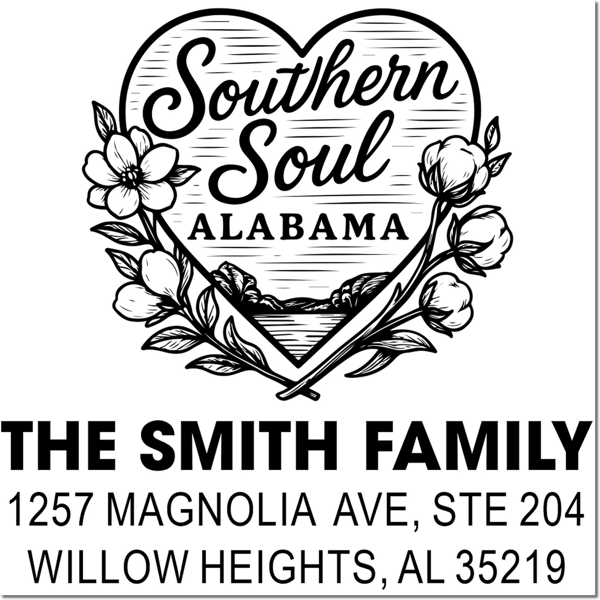 Custom family return address stamp for The Smith Family, Southern Soul Alabama, with floral heart design and Willow Heights, AL address.