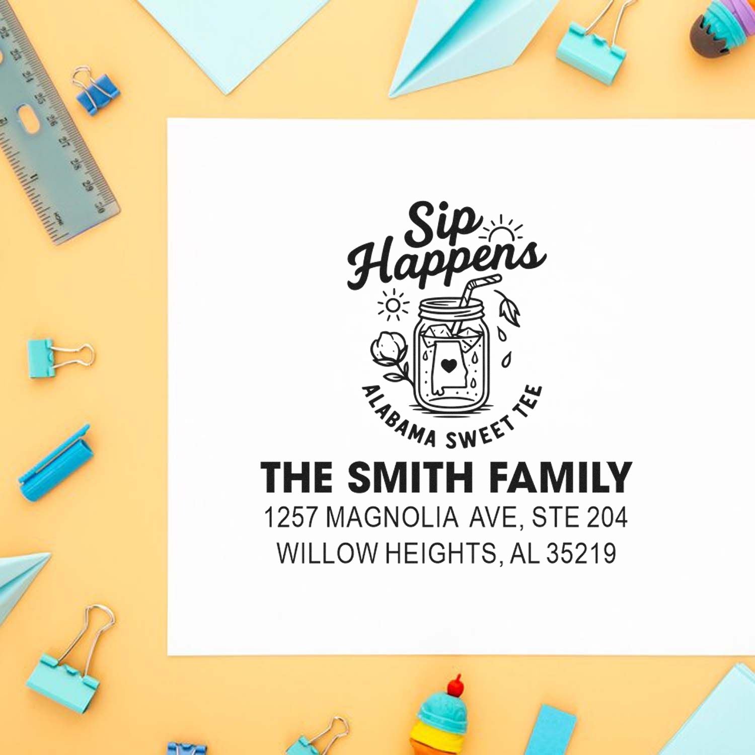 Personalized return address rubber stamp with Sip Happens Alabama Sweet Tea design for the Smith family.
