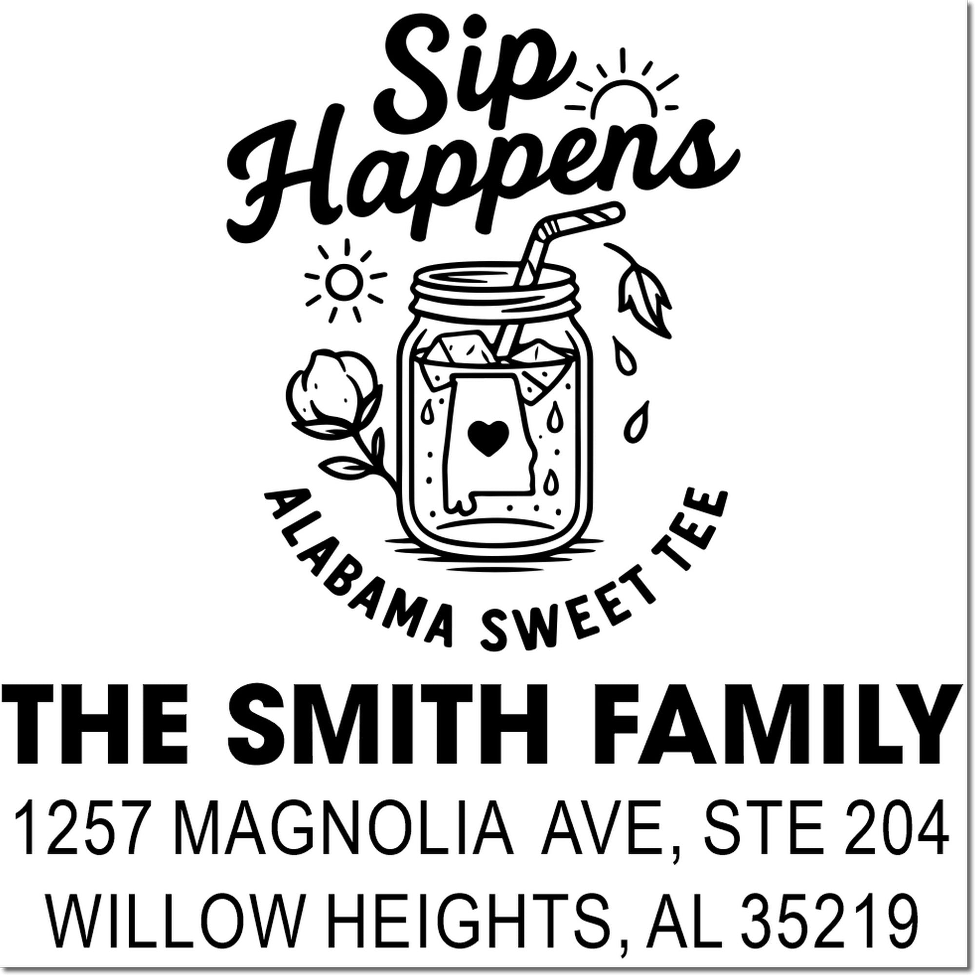 Personalized return address rubber stamp with Sip Happens Alabama Sweet Tea mason jar design for The Smith Family.