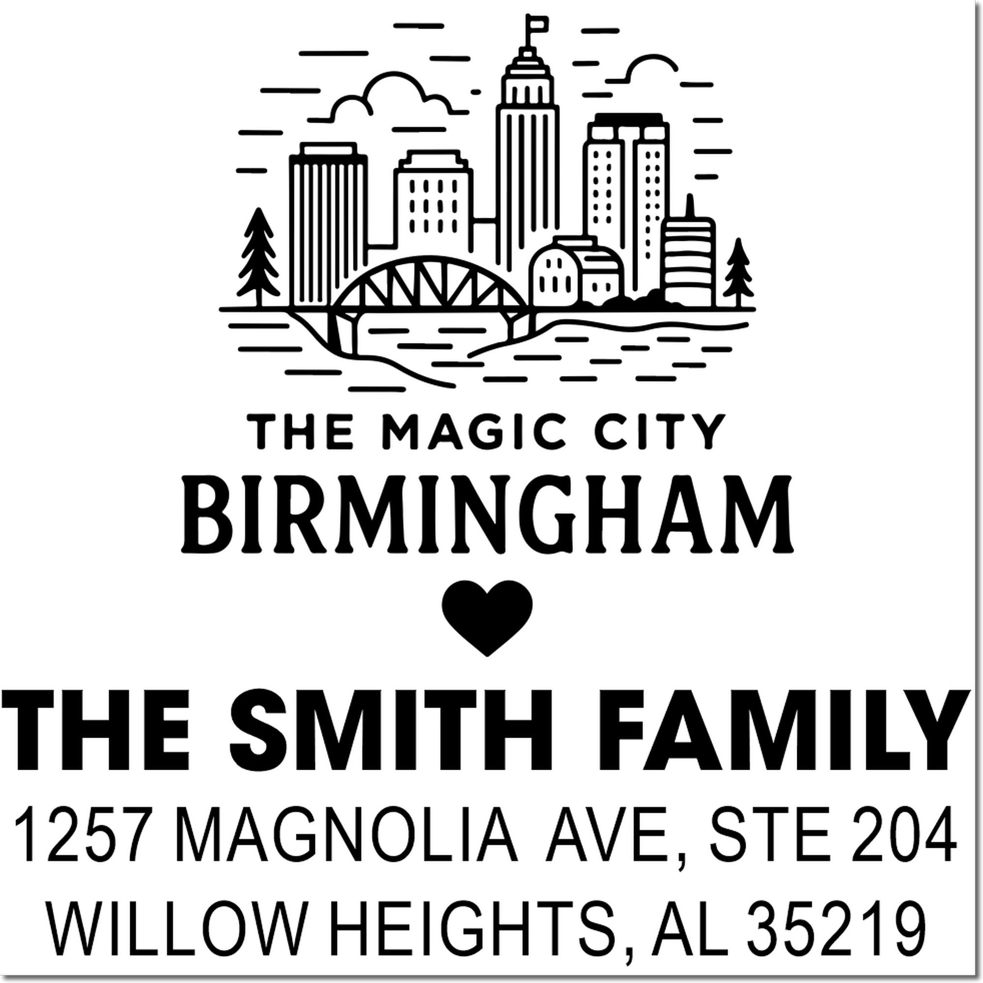 Custom Birmingham rubber address stamp with skyline, heart, Smith family name, and Willow Heights, AL address.