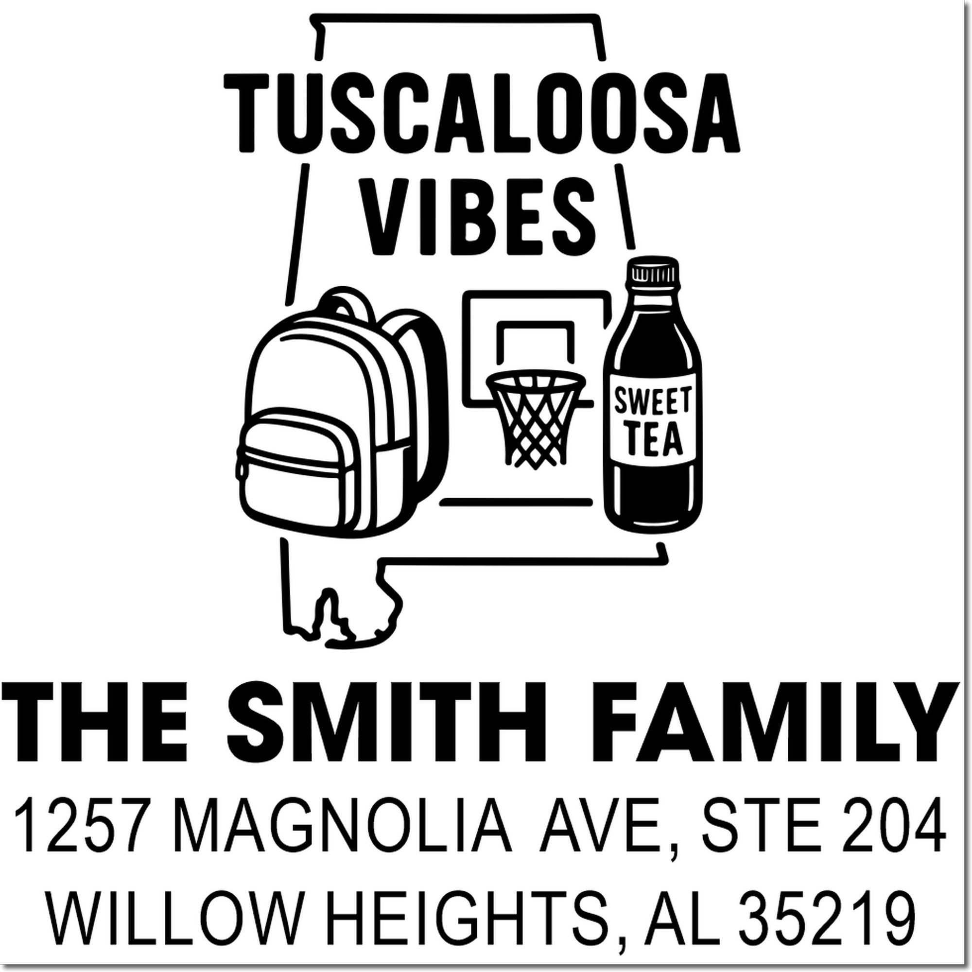 Custom Tuscaloosa Vibes return address rubber stamp with Alabama outline, family name, and address for personalized mail.