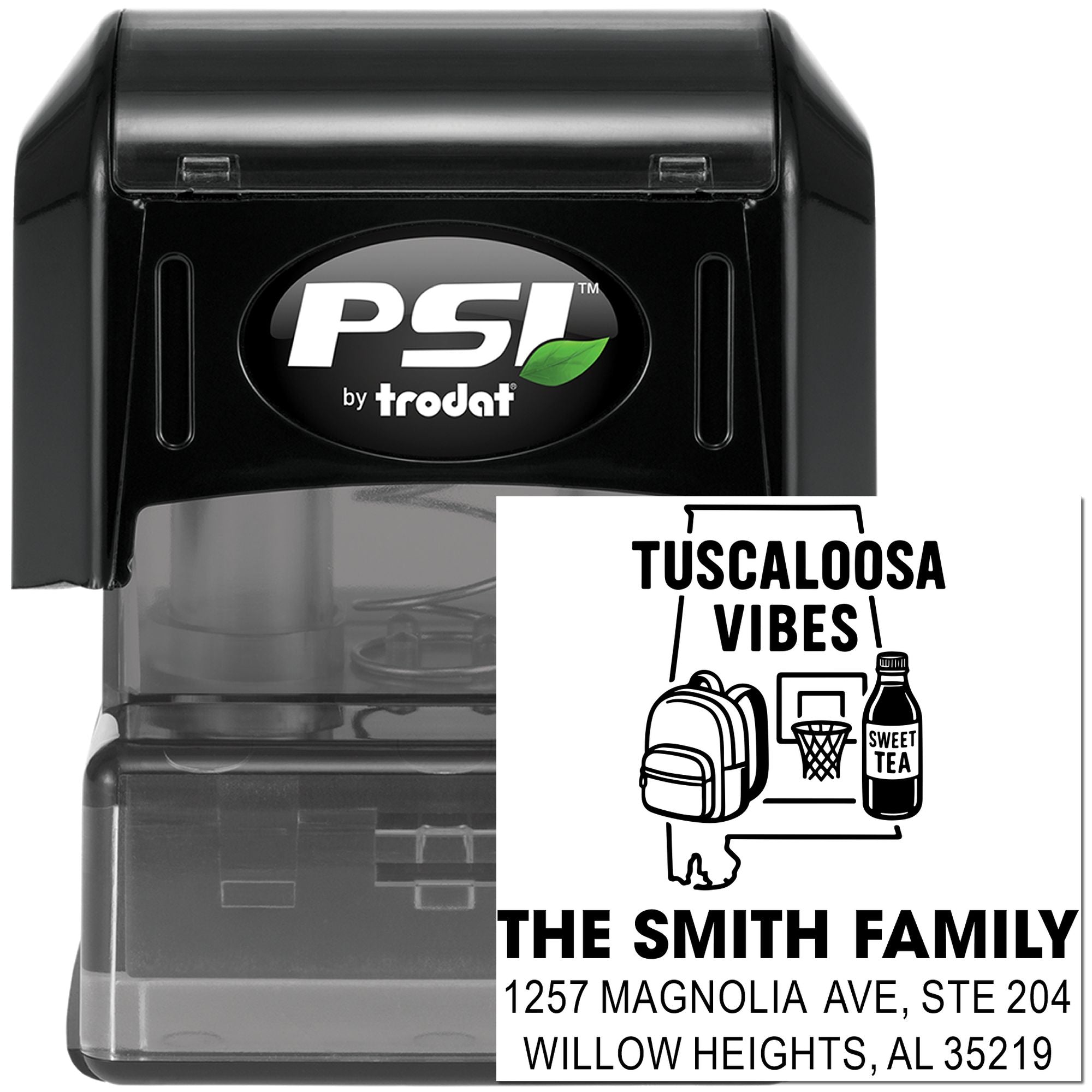 Custom self-inking address rubber stamp by PSI Trodat, featuring Tuscaloosa Vibes family return address design.