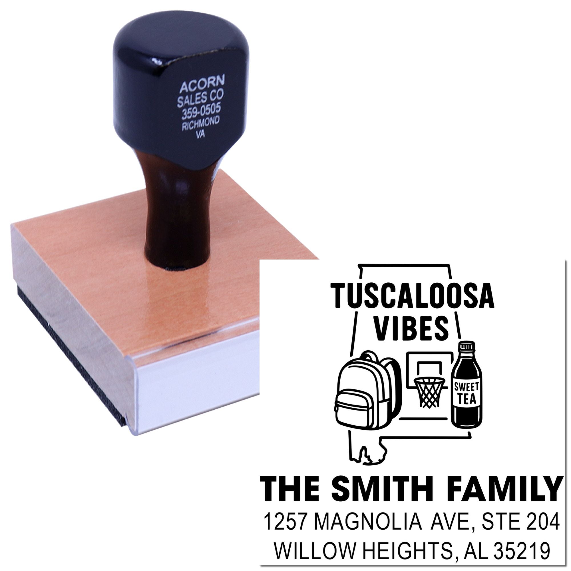 Custom rubber stamp with personalized address and Tuscaloosa Vibes design, ideal for mailing, branding, and business use.