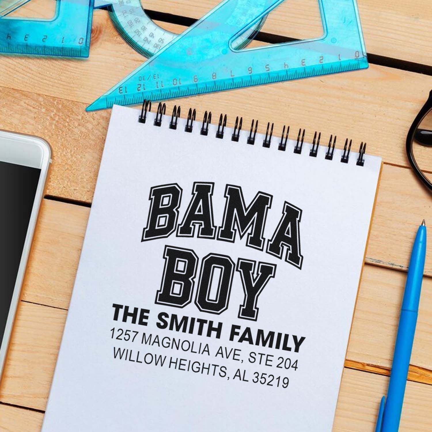 Custom family address rubber stamp for BAMA BOY, featuring the Smith family name and Willow Heights, AL mailing address