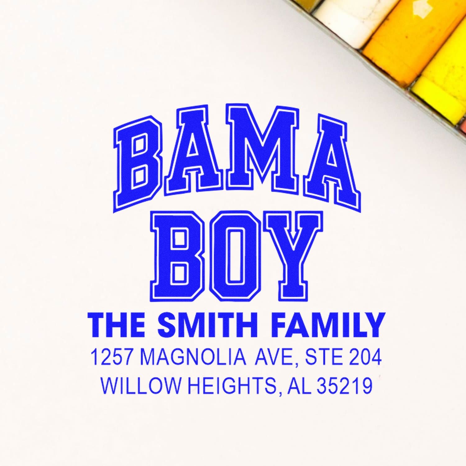 Custom Bama Boy rubber address stamp for The Smith Family, featuring name and mailing address.