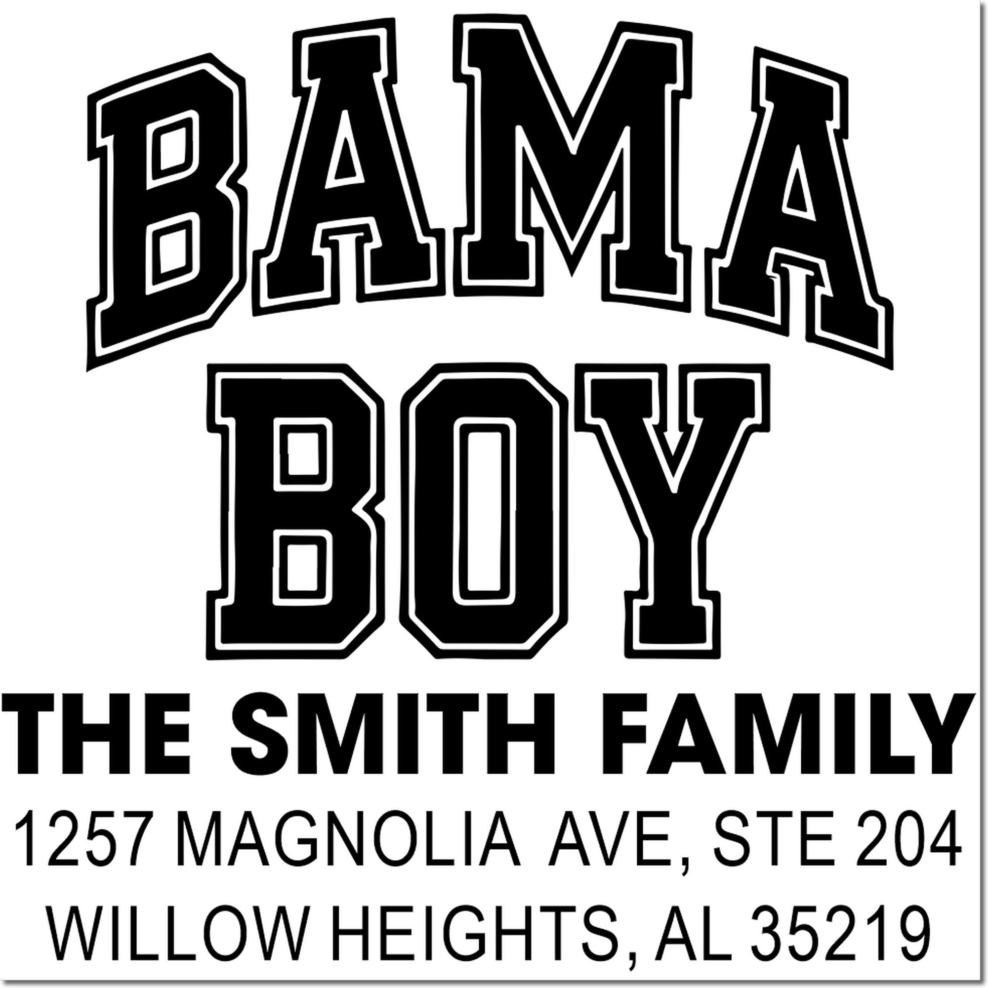 Custom return address rubber stamp for Bama Boy Smith Family, Willow Heights, AL 35219.