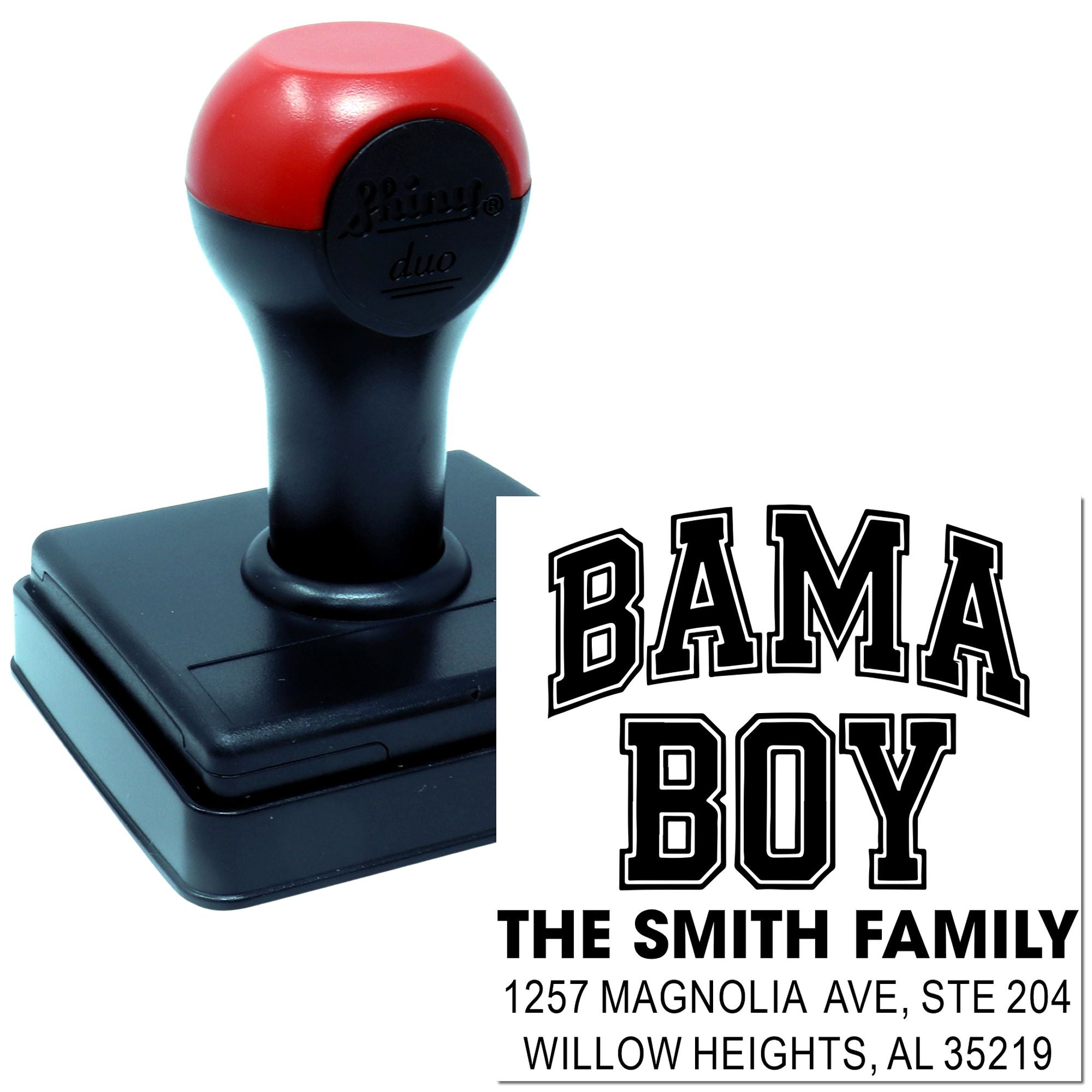 Custom self-inking rubber stamp with BAMA BOY family name and address for personalized mailing labels.