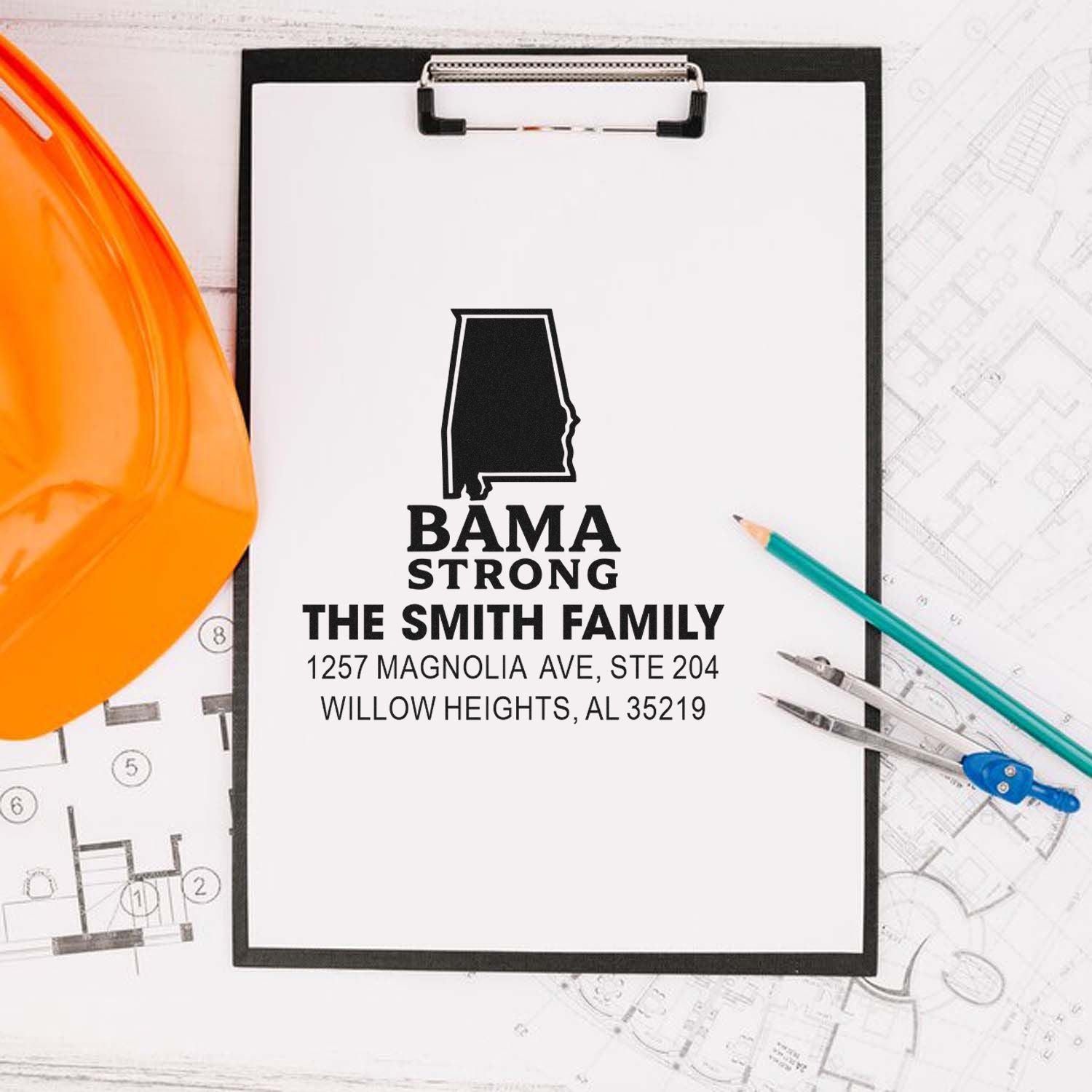 Custom Alabama address rubber stamp for The Smith Family, with state silhouette and homebuilder blueprint theme.