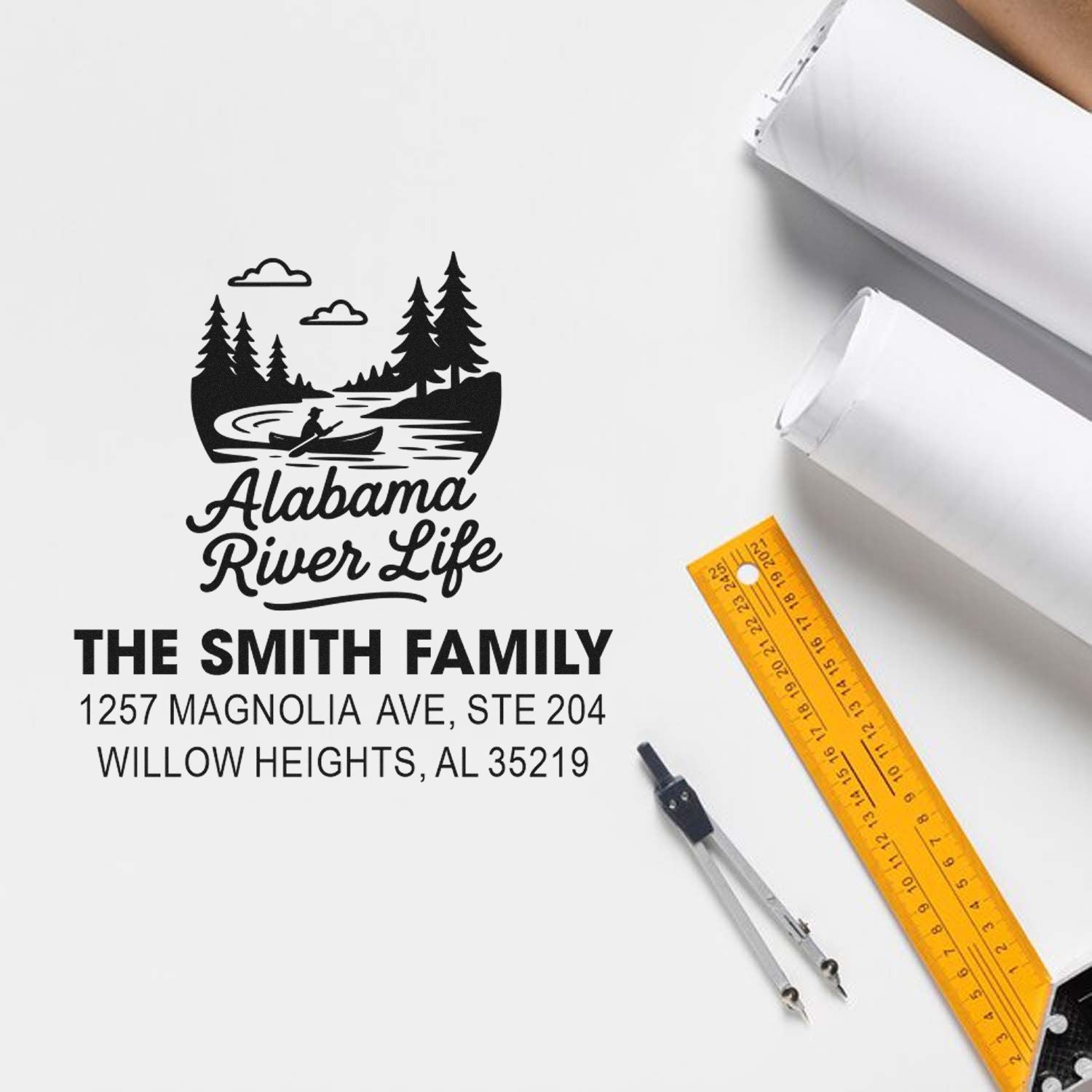 Custom rubber stamp design featuring Alabama River Life and The Smith Family address for personalized mailing and stationery.