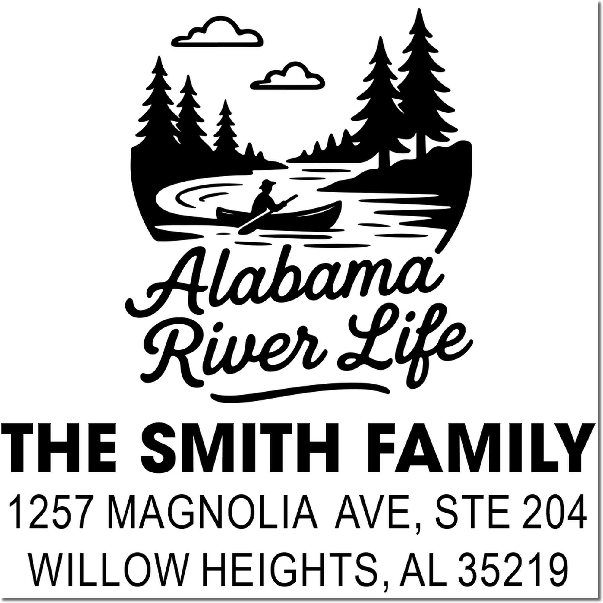 Custom Alabama River Life rubber stamp design with The Smith Family return address for Willow Heights, AL 35219