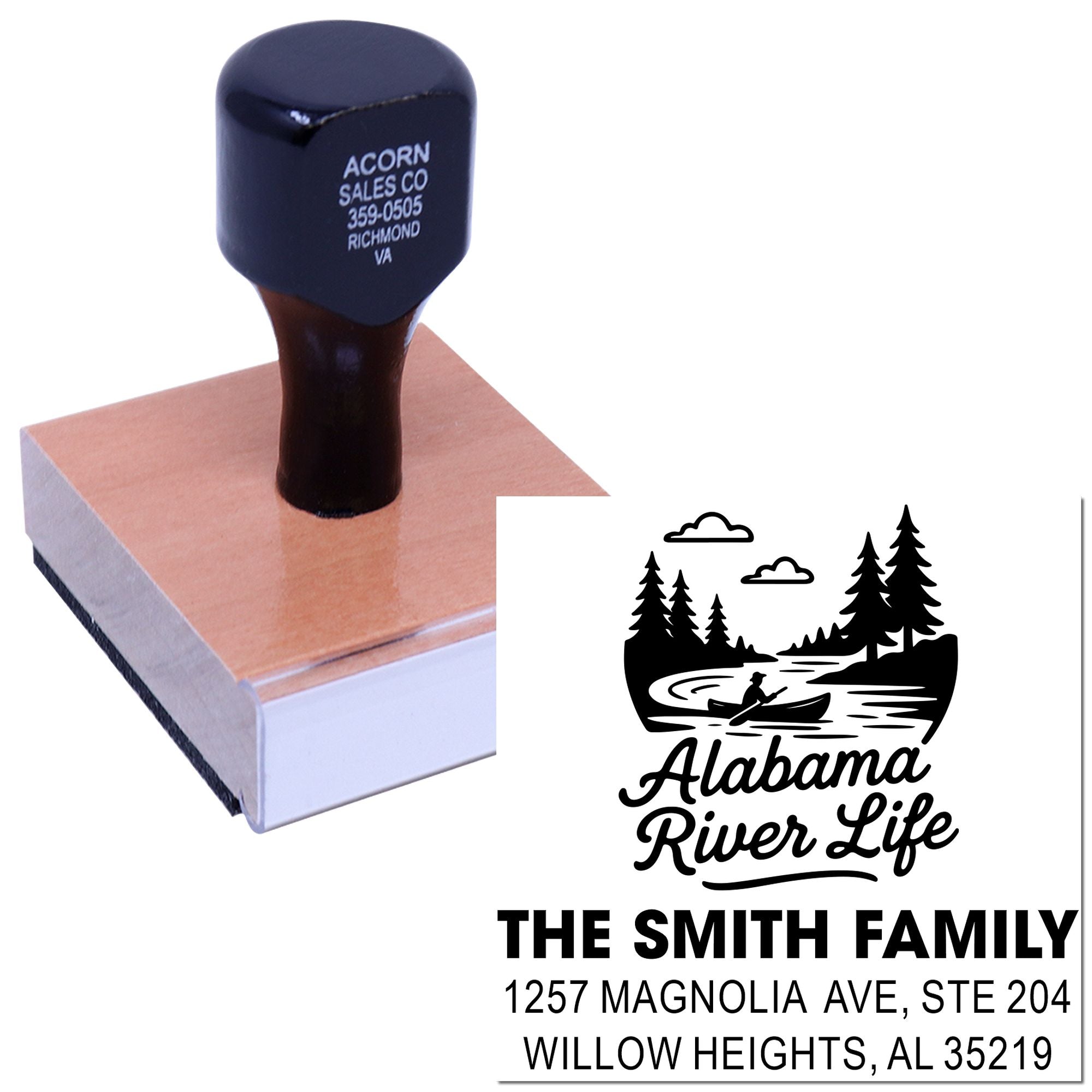 Custom self-inking rubber stamp with Alabama River Life return address art for personalized family mailing.