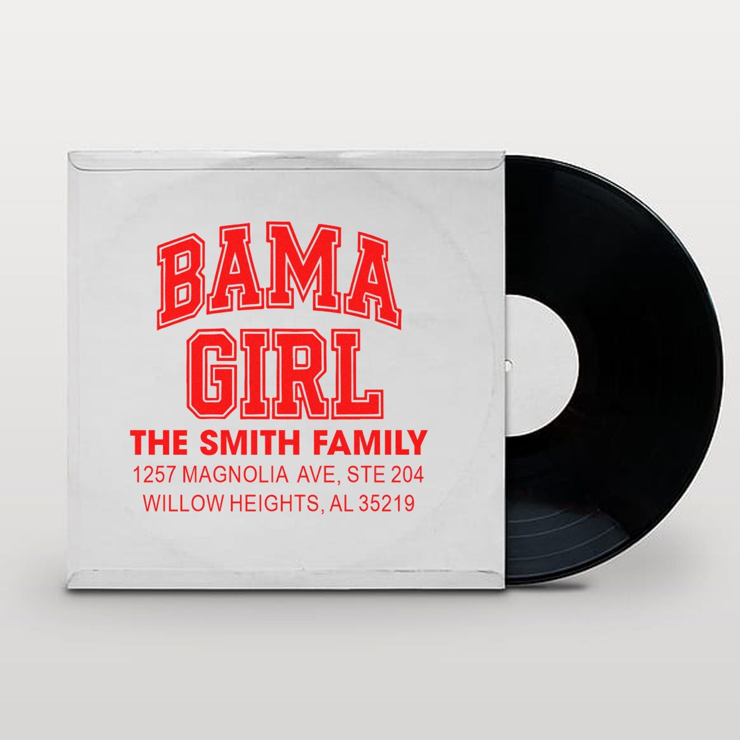 Custom BAMA GIRL rubber stamp design with The Smith Family name and address for personalized mailing and stationery.