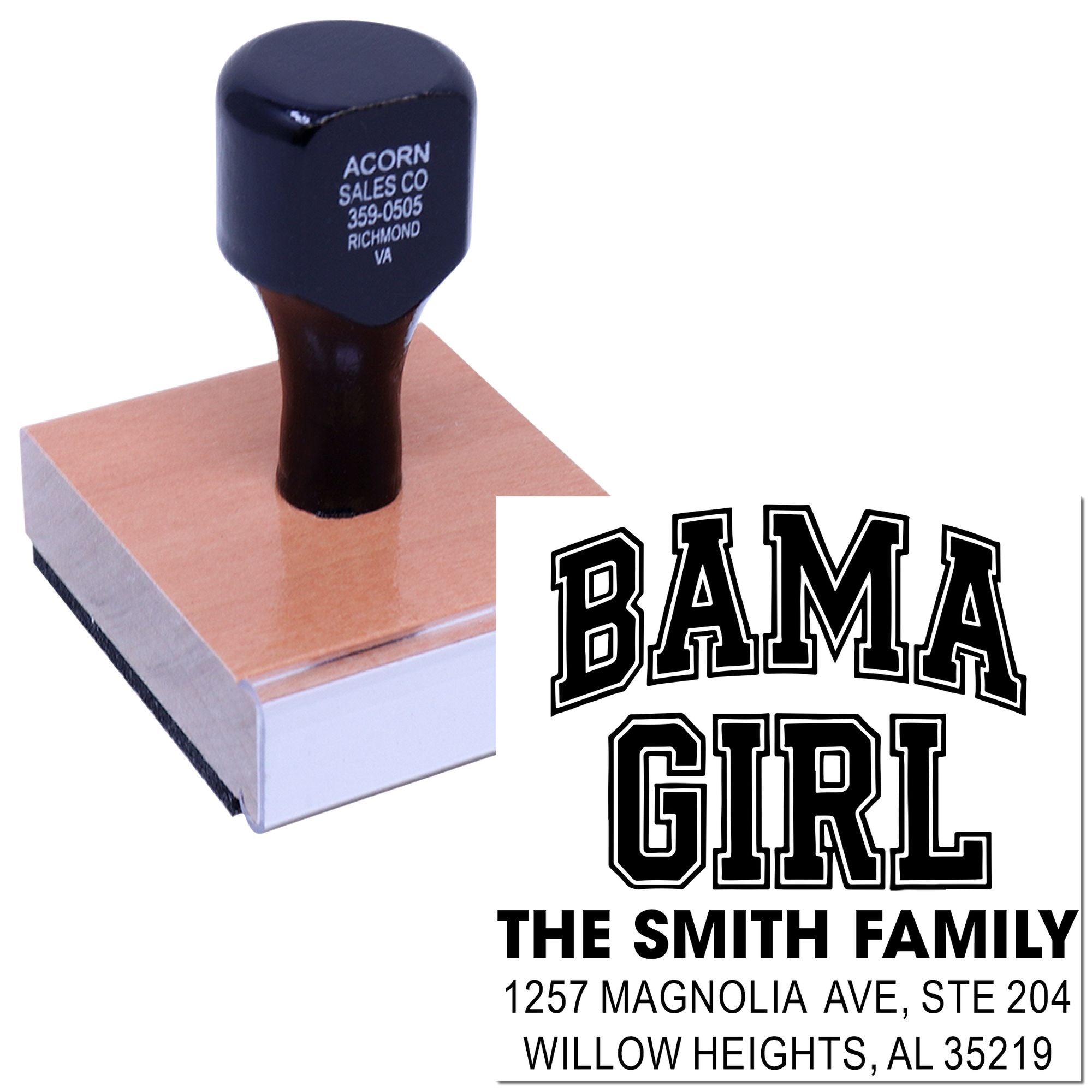 Personalized rubber stamp for The Smith Family return address, BAMA GIRL design, Willow Heights, AL.
