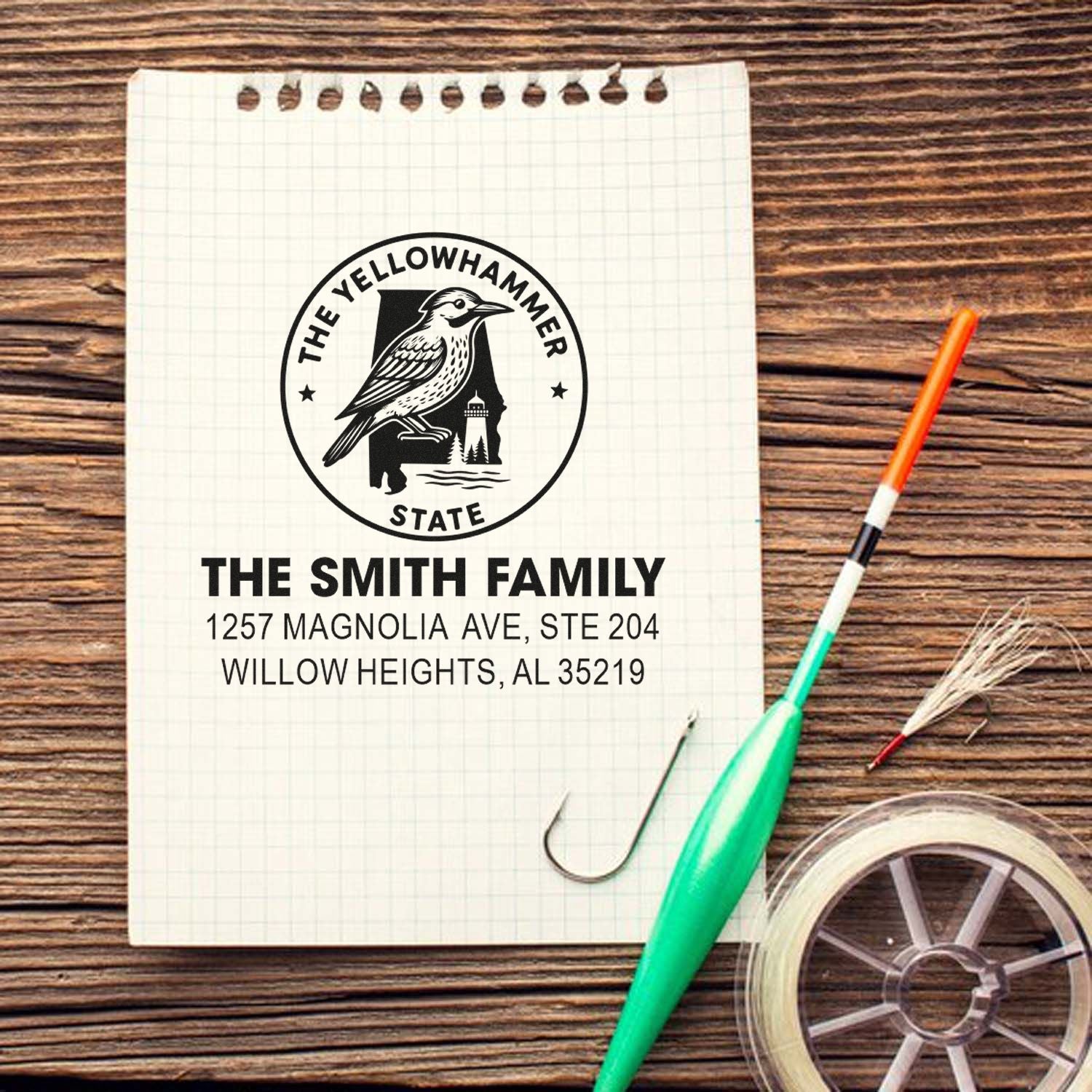 Custom rubber address stamp for The Smith Family with Yellowhammer State bird and Willow Heights, Alabama return address.