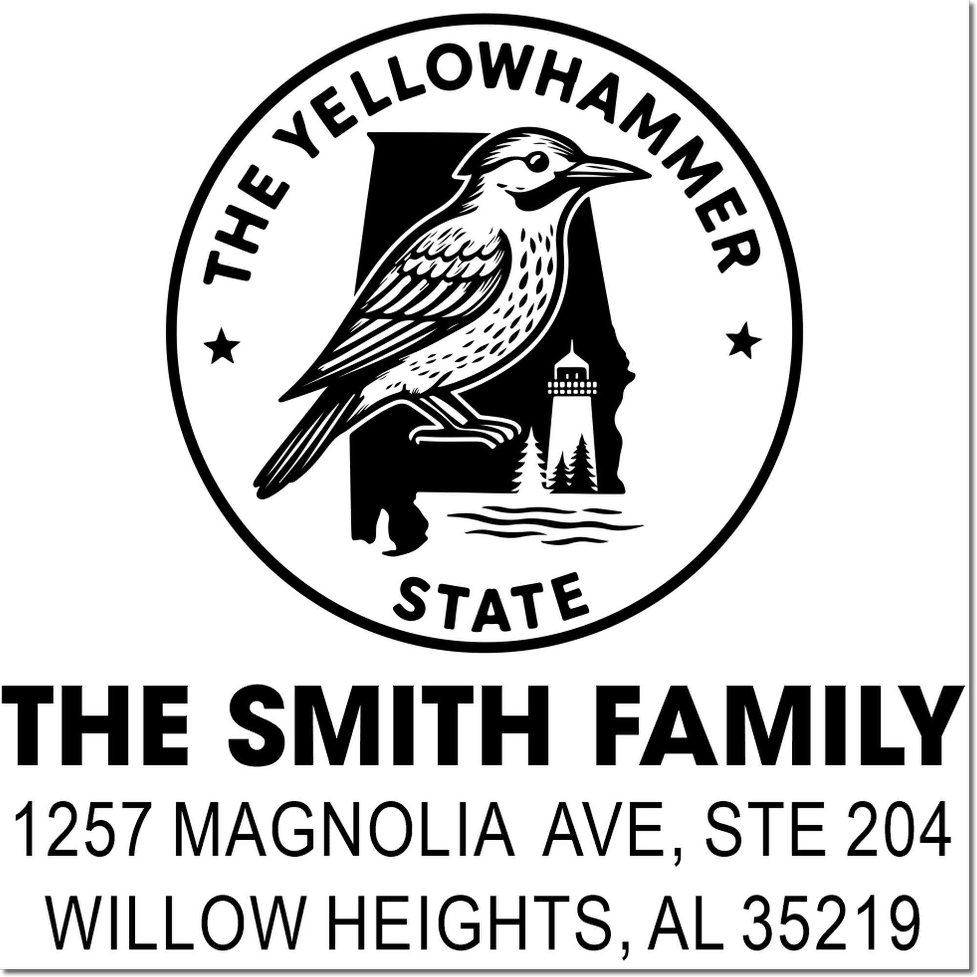 Custom Yellowhammer State return address rubber stamp for The Smith Family, 1257 Magnolia Ave Ste 204, Willow Heights, AL 35219