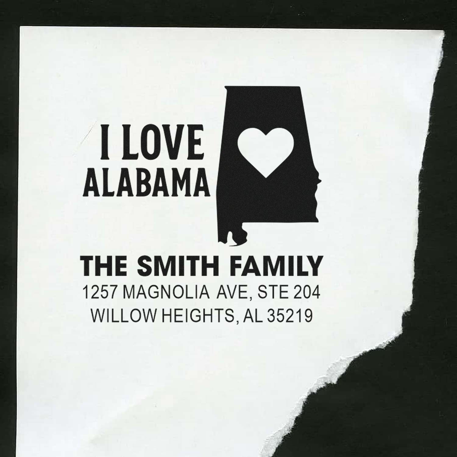 Personalized Alabama return address rubber stamp with heart map and I Love Alabama for The Smith Family.