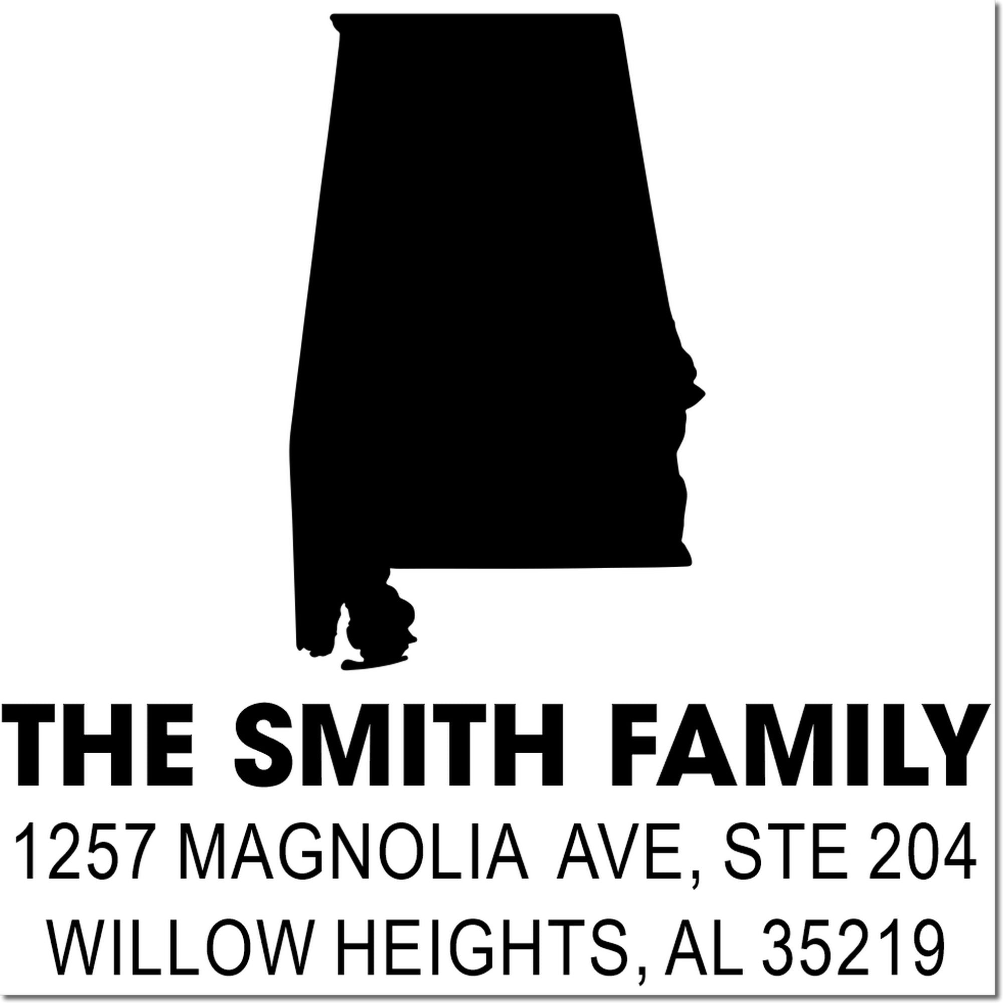 Custom return address rubber stamp with Alabama silhouette for The Smith Family, 1257 Magnolia Ave, Ste 204, Willow Heights, AL 35219.