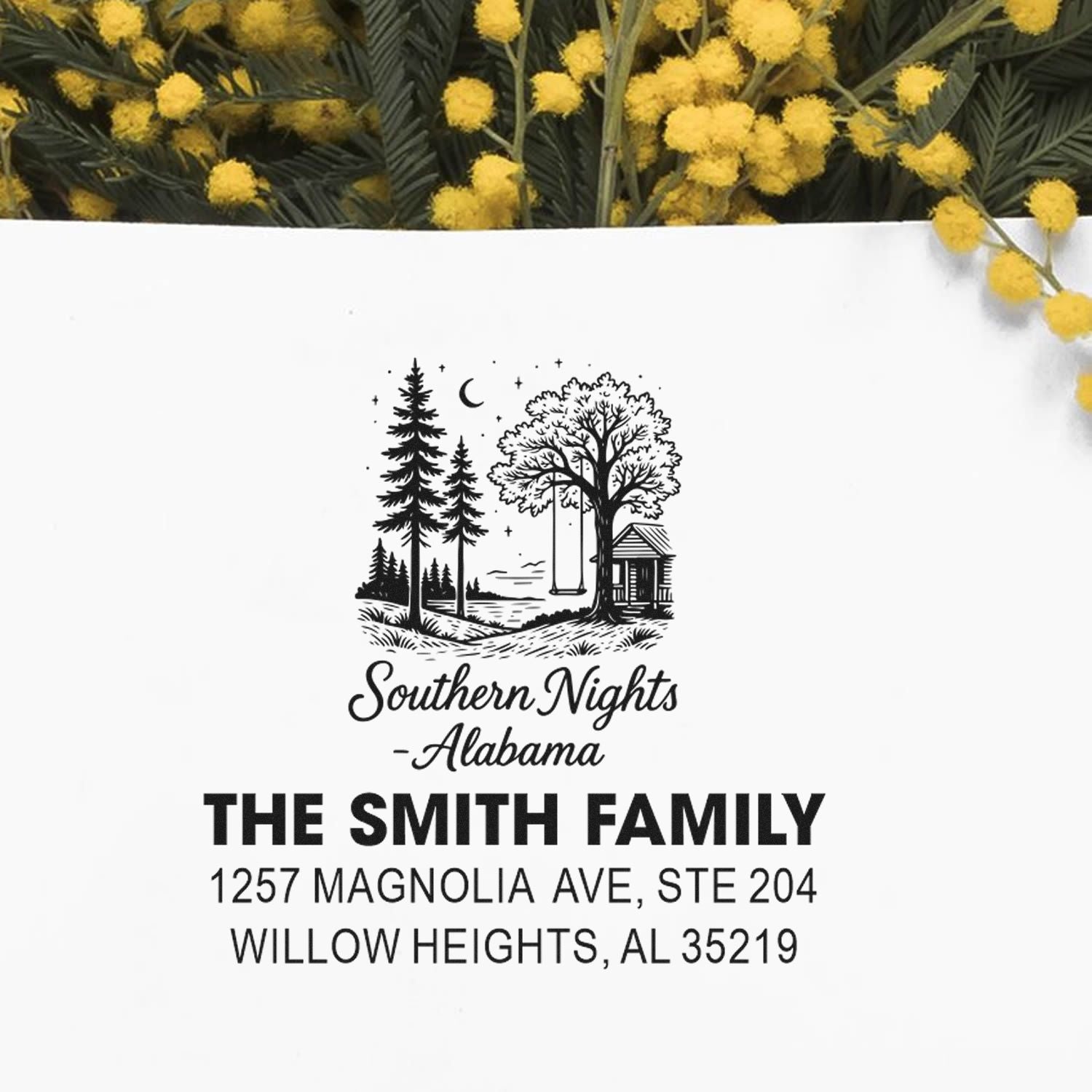 Personalized Southern Nights Alabama family return address rubber stamp with custom name and address.