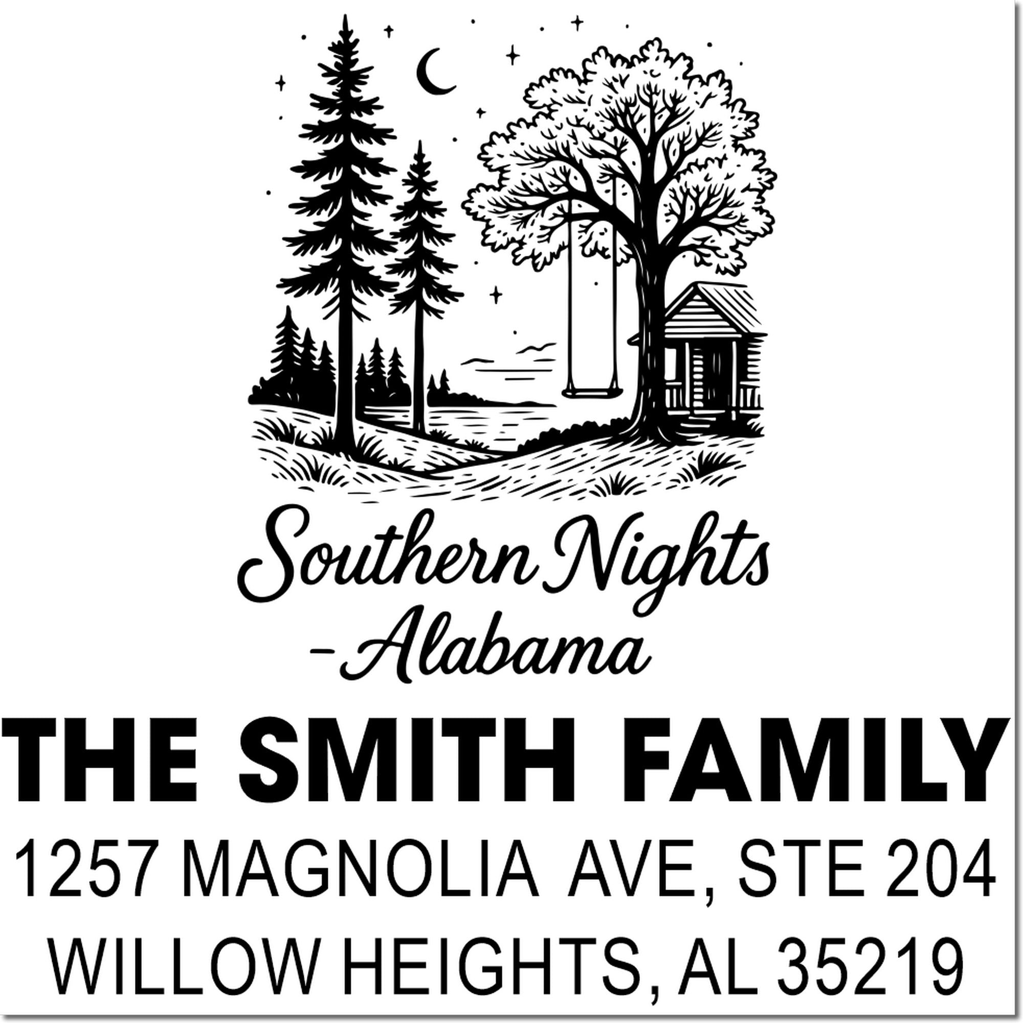 Personalized Southern Nights Alabama return address rubber stamp with forest cabin design, The Smith family name, and mailing address.