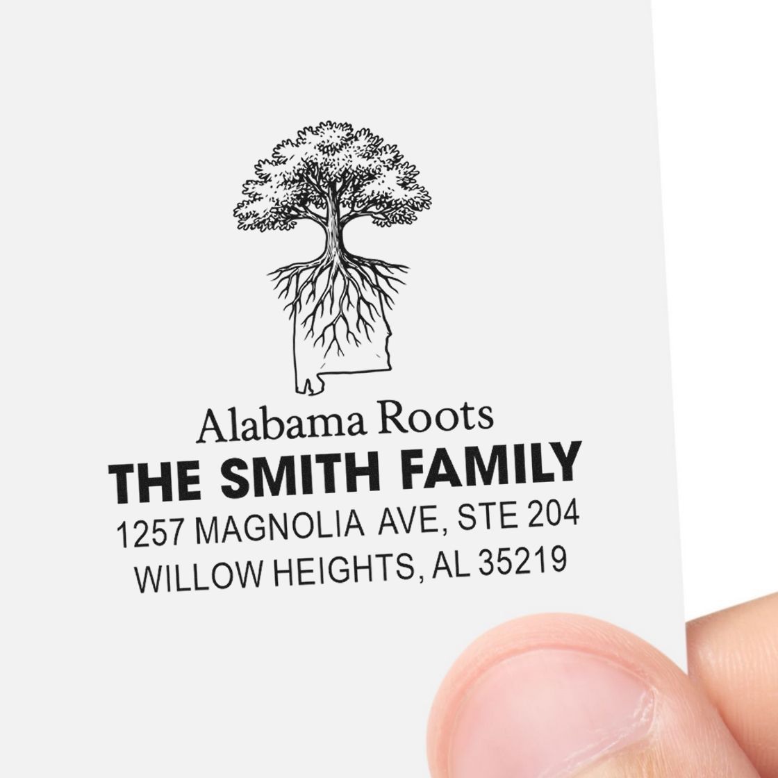 Personalized Alabama Roots rubber stamp with family name and address for custom mailing, stationery, and home use.
