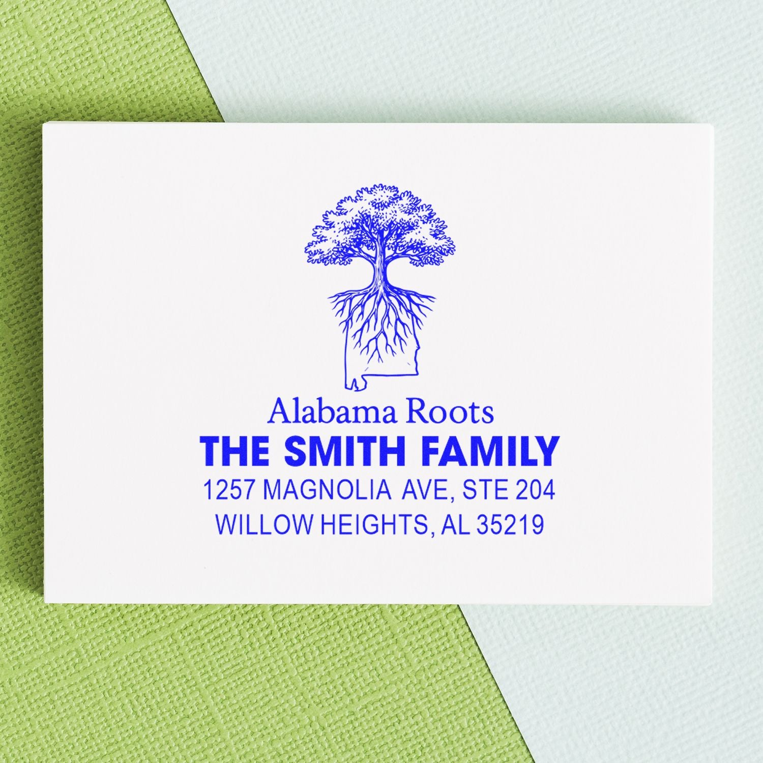 Custom return address rubber stamp for The Smith Family, featuring Alabama Roots tree design and Willow Heights, AL address.