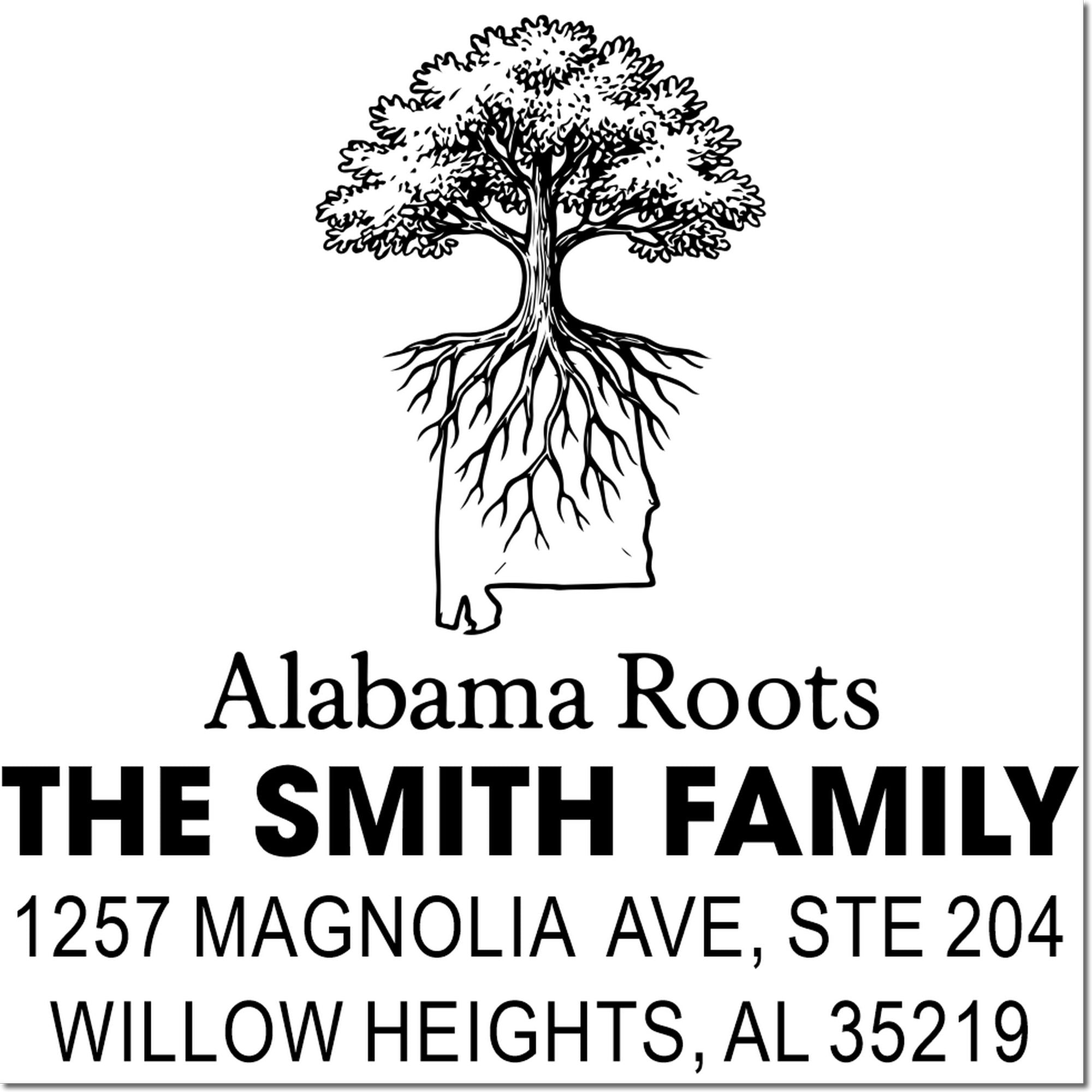 Custom Alabama Roots return address rubber stamp for The Smith Family, Willow Heights, AL 35219.