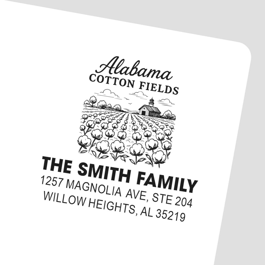 Custom Alabama cotton fields address rubber stamp for The Smith Family, Willow Heights, AL 35219
