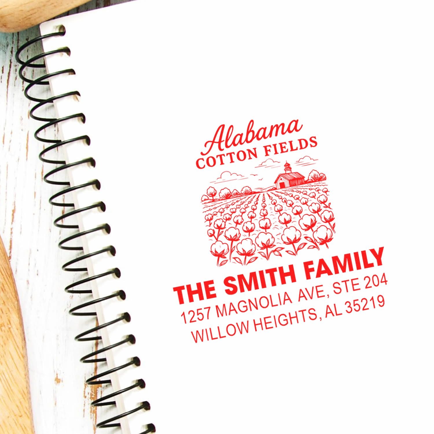 Personalized return address rubber stamp with Alabama cotton fields design for The Smith Family home mailing labels.