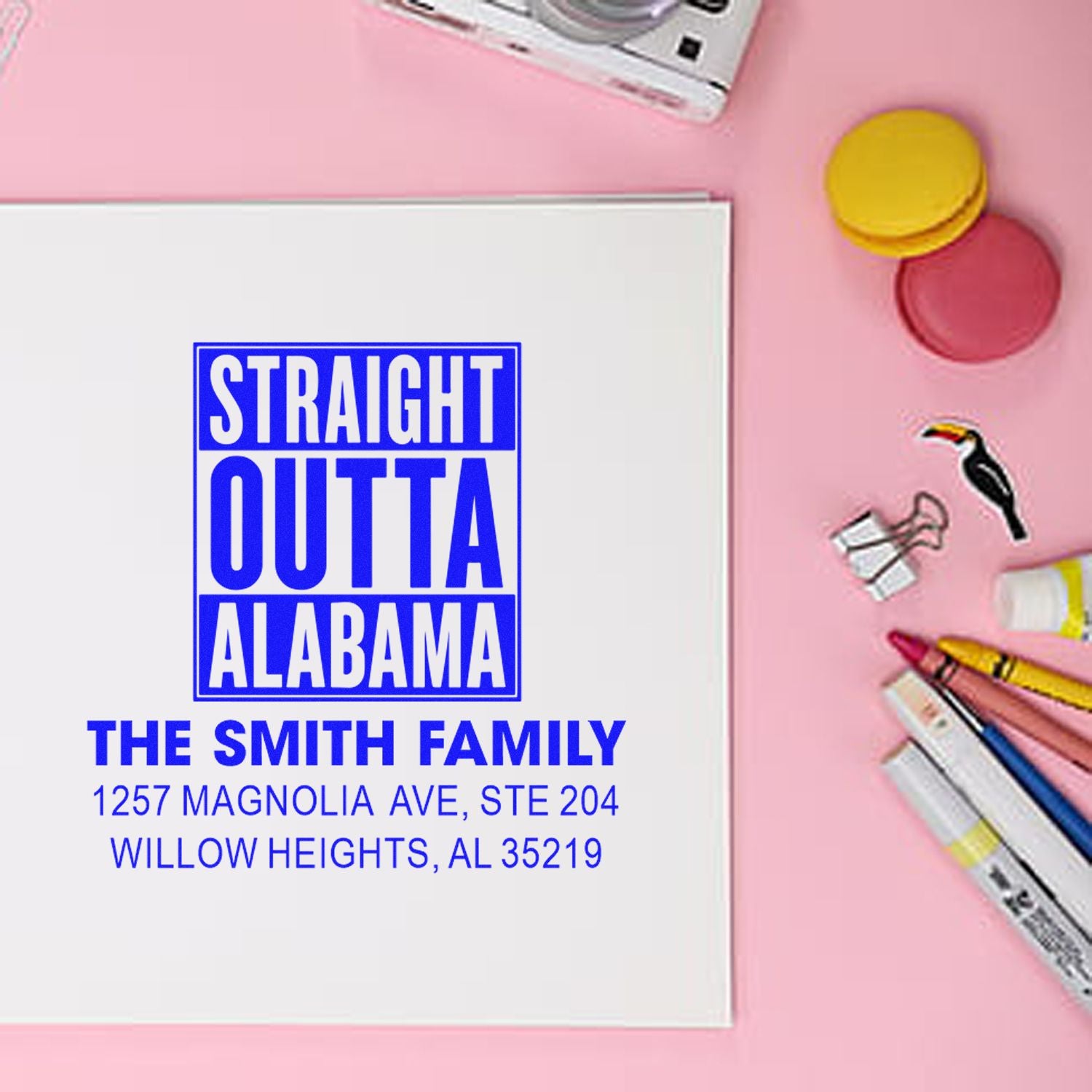Custom rubber stamp design: Straight Outta Alabama personalized family address stamp with name and mailing address mockup.