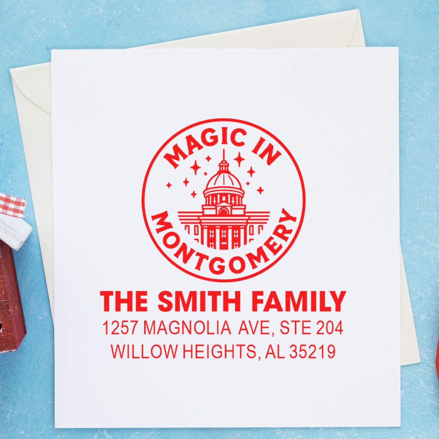 Custom return address rubber stamp with Magic in Montgomery design, Smith family name, and mailing address.