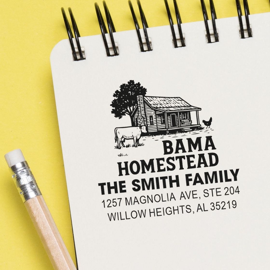 Custom farmhouse address rubber stamp for Bama Homestead The Smith Family, ideal for personalized mail, labels and packaging.