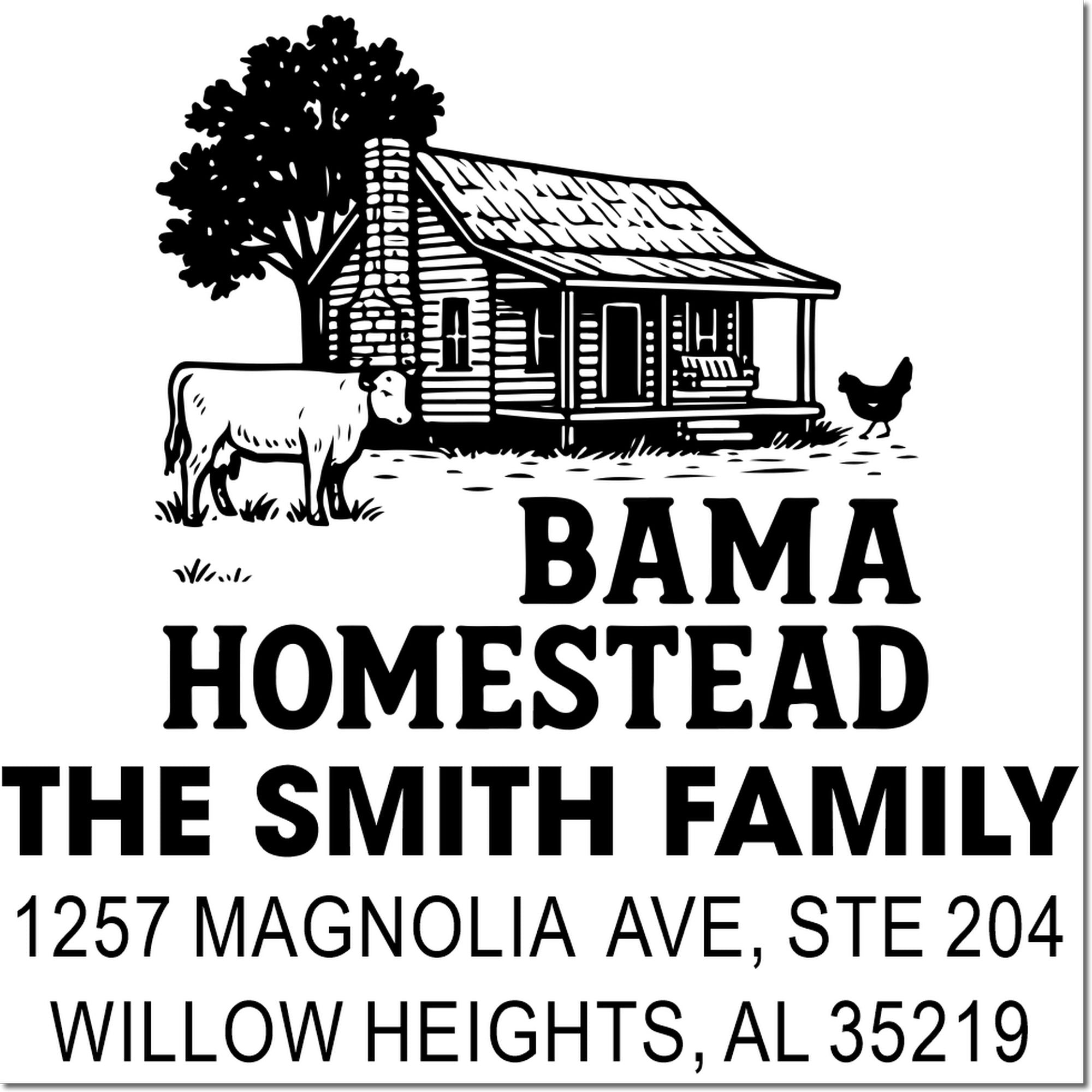 Custom homestead return address rubber stamp with farmhouse, cow and chicken for The Smith Family, Willow Heights, AL