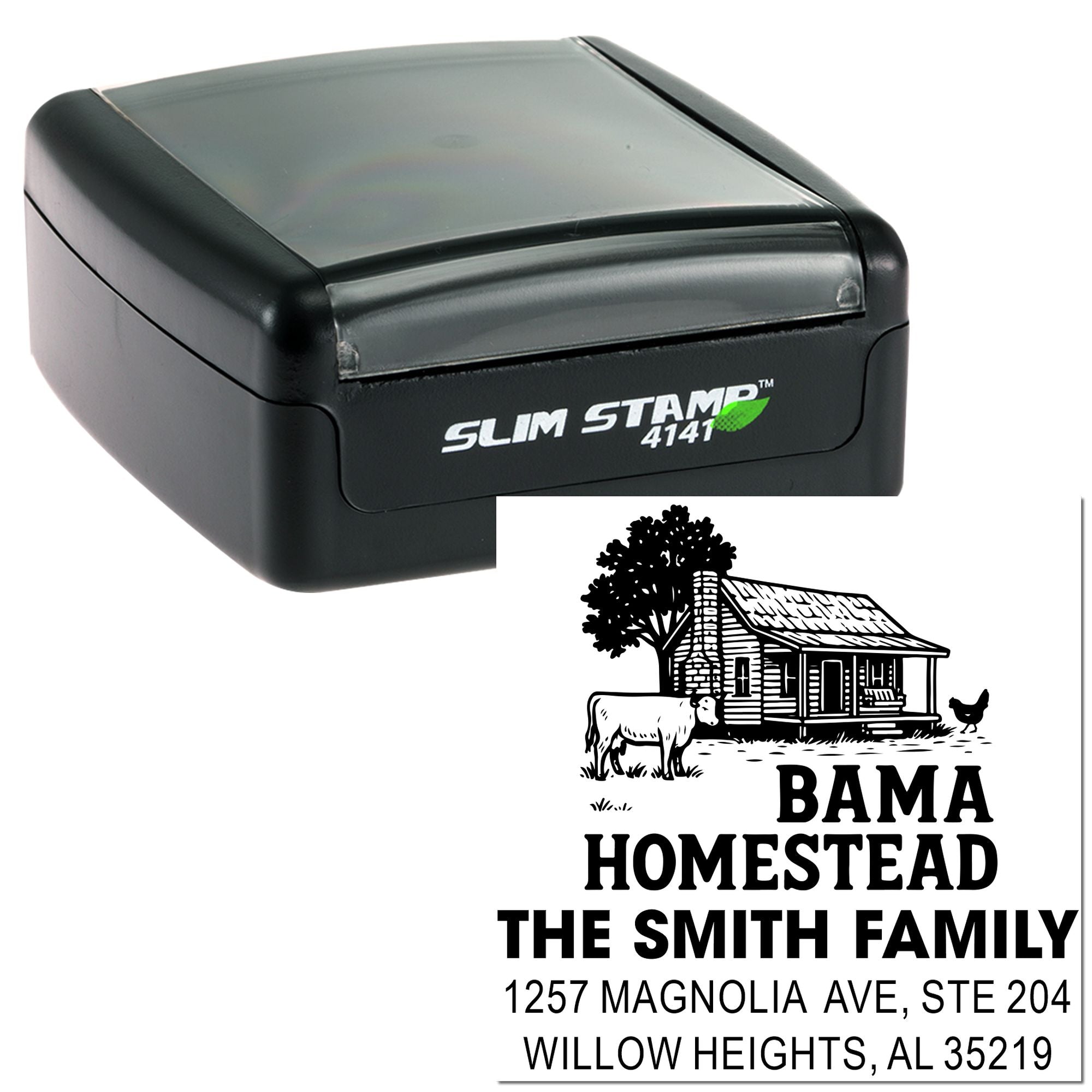 Slim Stamp self-inking custom address rubber stamp with farmhouse design for Bama Homestead and The Smith Family.