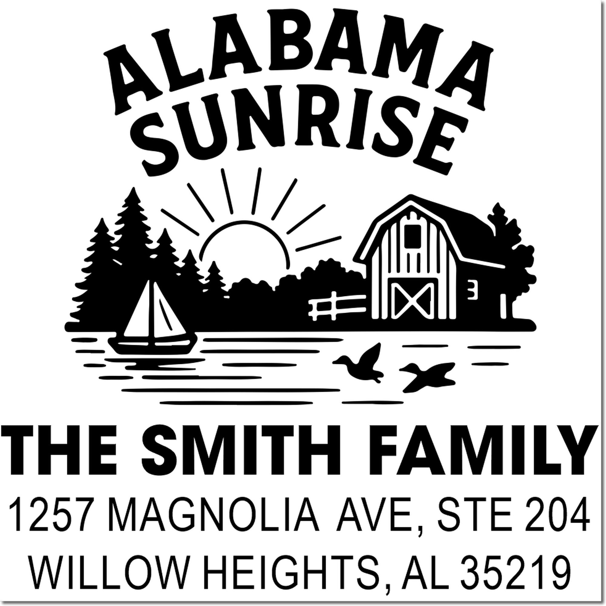 Custom Alabama address rubber stamp for The Smith family, with farm sunset design and personalized mailing address.