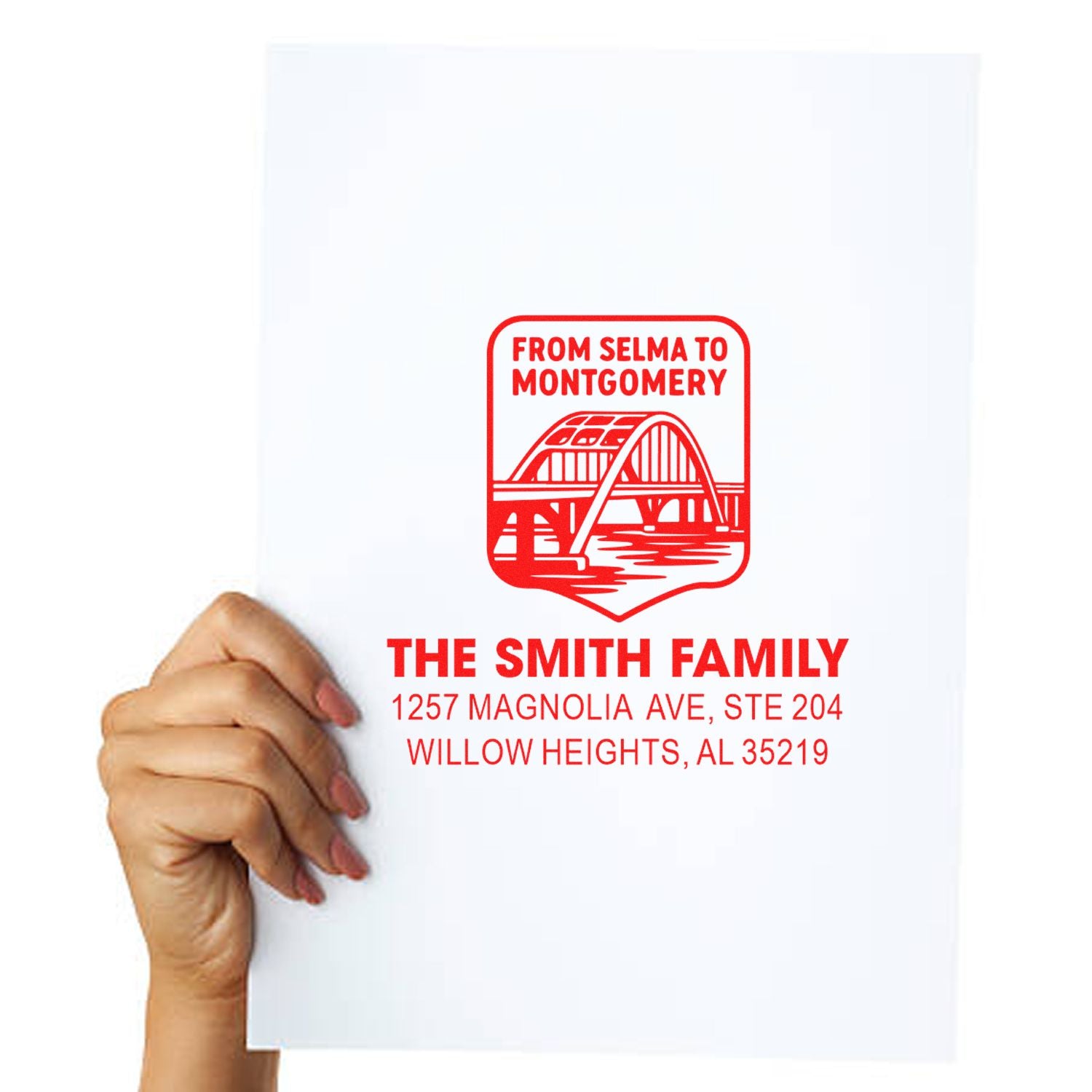 Personalized rubber return address stamp with Selma to Montgomery bridge and The Smith Family address