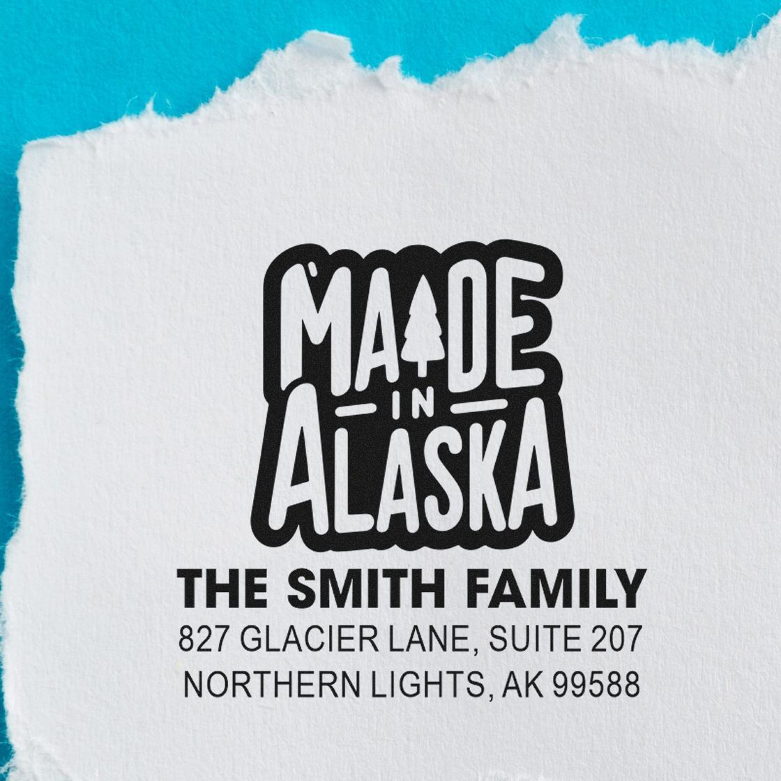 Custom Made in Alaska return address rubber stamp for The Smith Family, Northern Lights, AK.