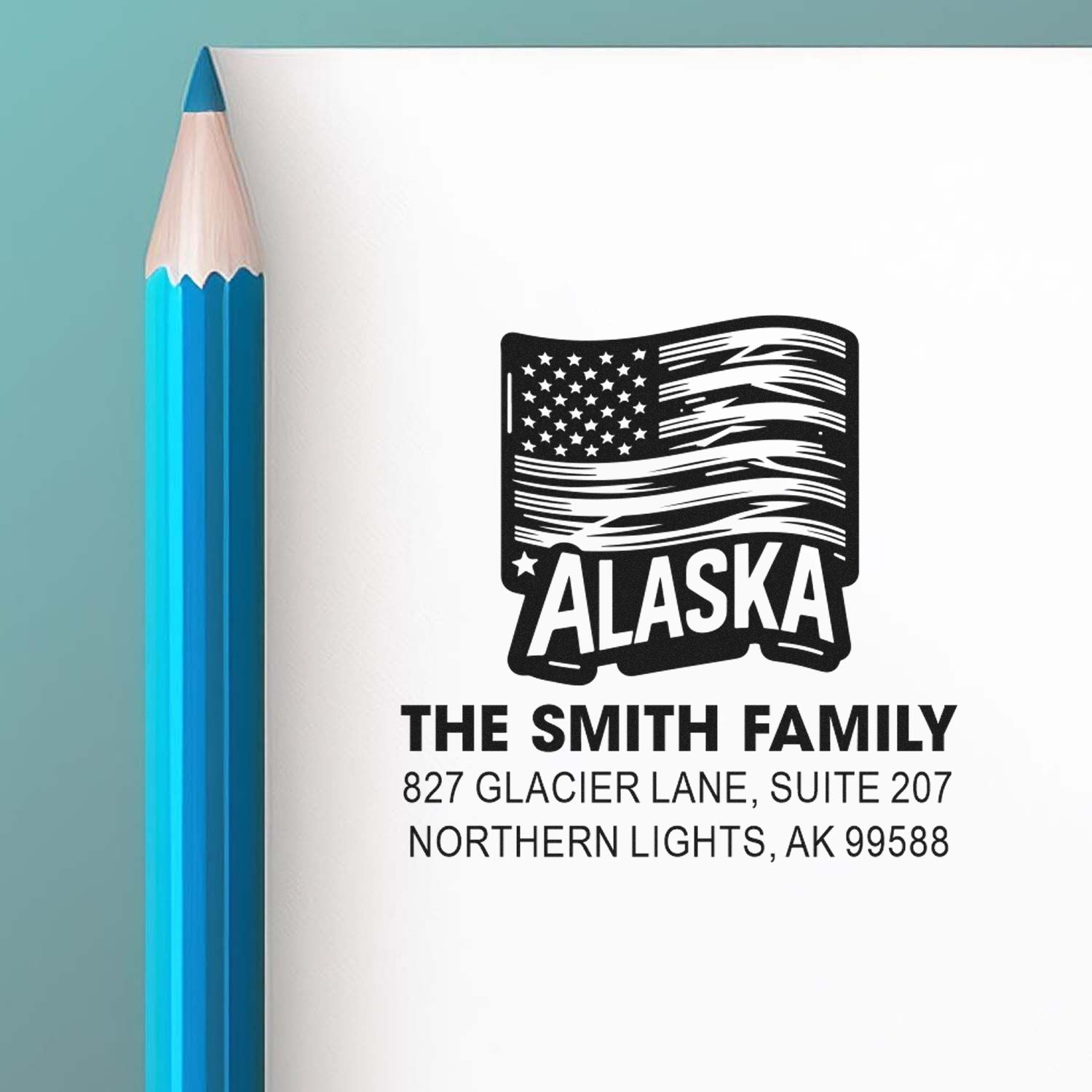 Custom Alaska return address rubber stamp with family name and mailing address, ideal for personalized envelopes and stationery.