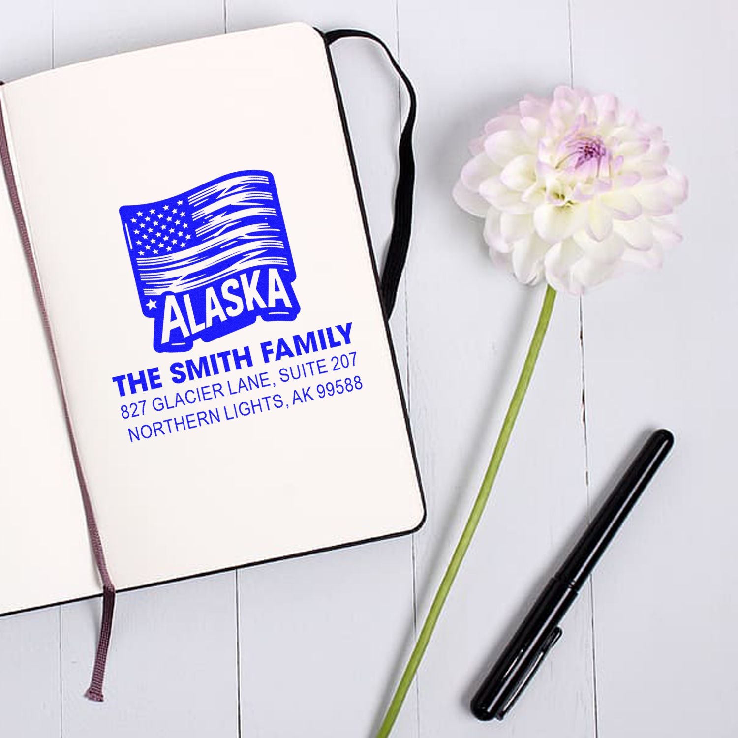 Custom Alaska family return address rubber stamp for personalized stationery, with name and mailing address imprint.